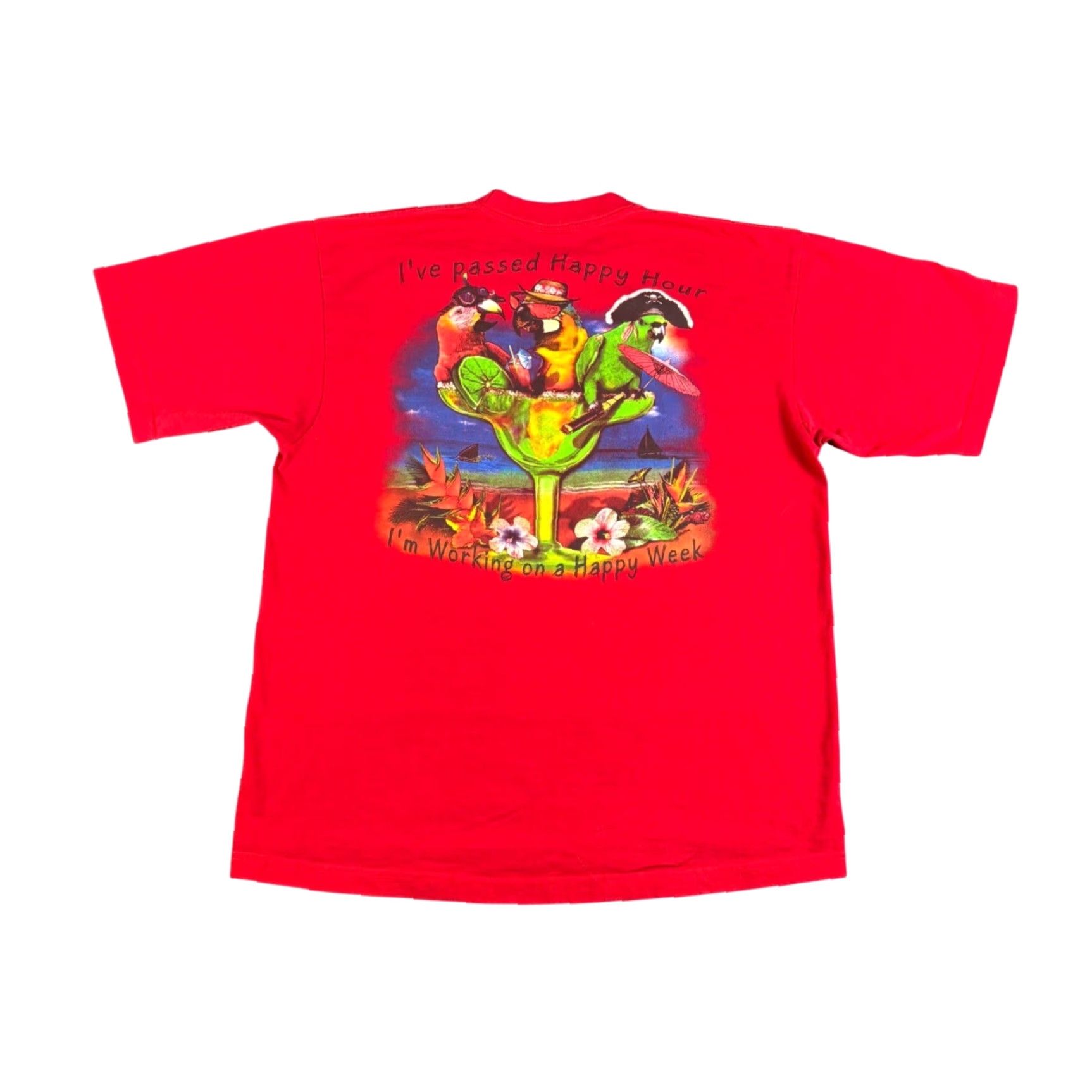 Vintage Mens Red Parrot Margarita Happy Hour Graphic T Shirt Sand Key FL Size L 90s Size US L / EU 52-54 / 3 - 2 Thumbnail