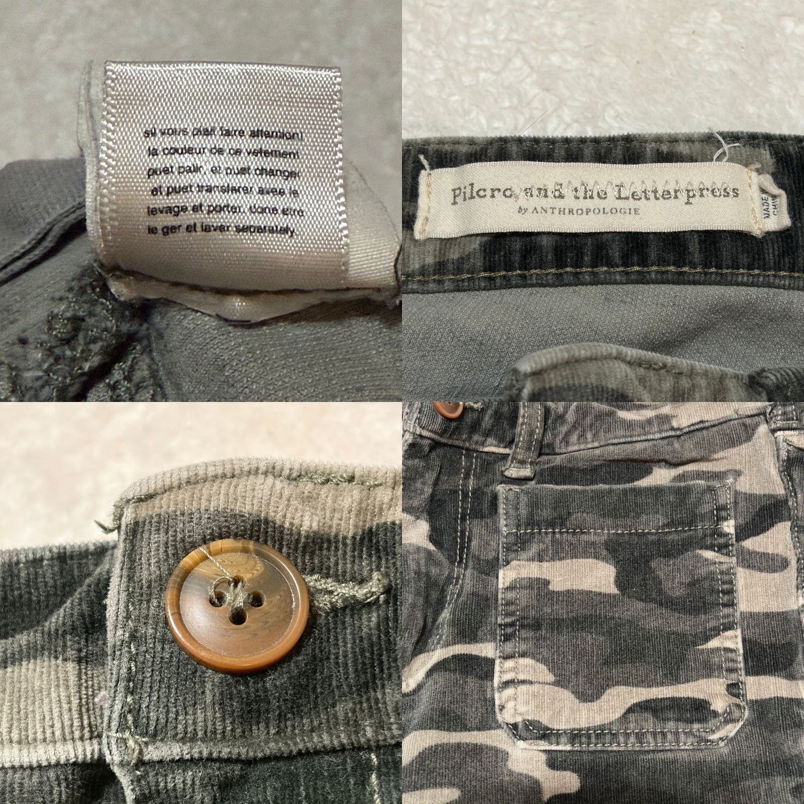 Vintage Pilcro & The Letterpress Pants Womens 26 Green Camo Corduroy High Rise Skinny Jeans (Button, Zip) - Machine Washable - 26in Waist, 24in Inseam Size 26" / US 2 / IT 38 - 8 Thumbnail