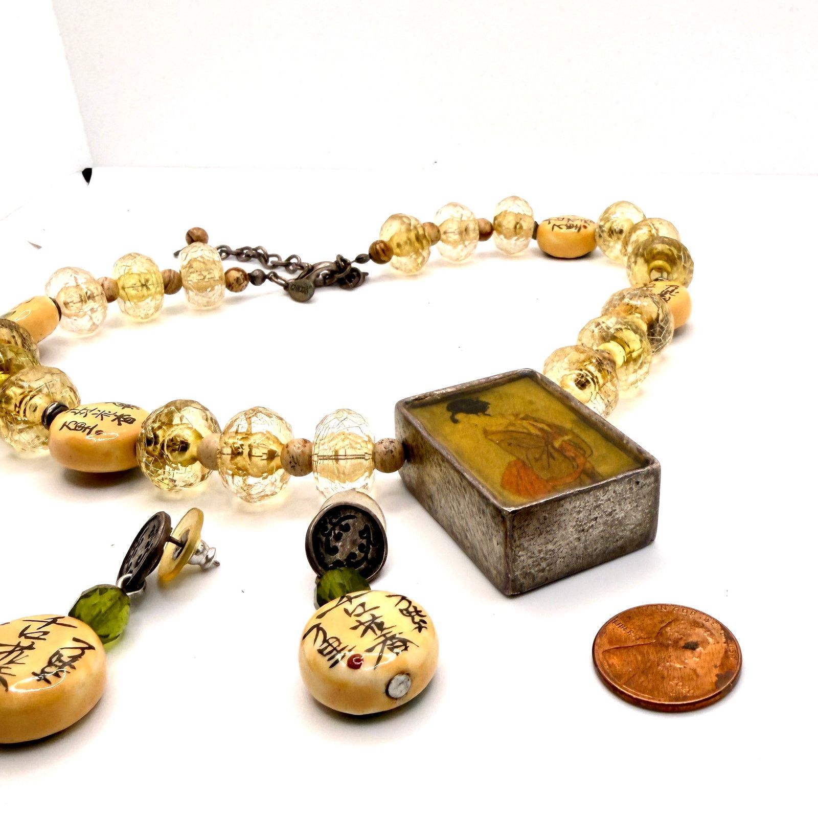 Chicos Vintage 90s Yellow Chinoiserie Geisha Necklace Earring Set Size ONE SIZE - 3 Thumbnail