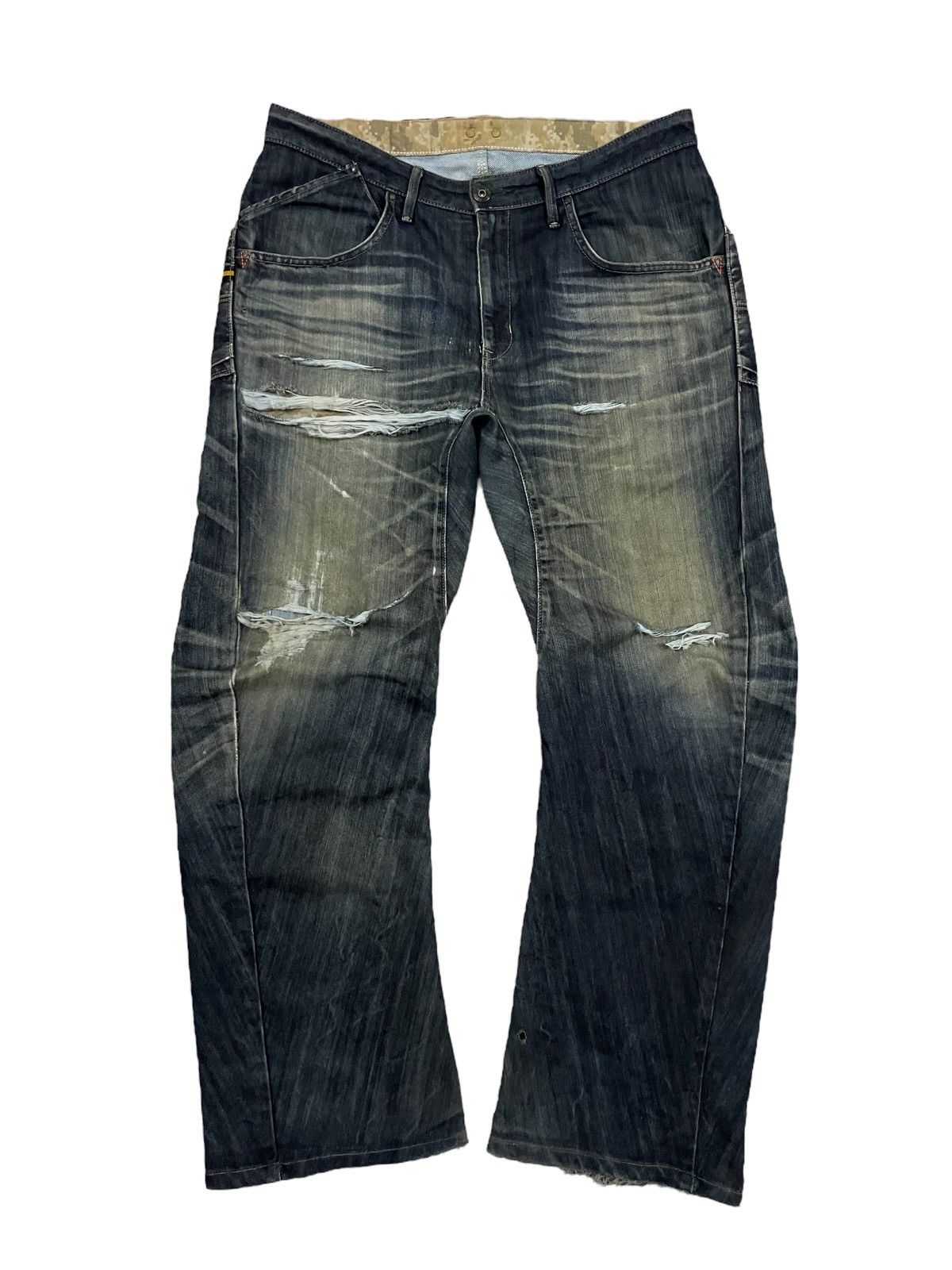 image of VTG Edwin E-Function Mud Wash Camo Lining Ripped Baggy Jeans in Navy, Men's (Size 36)