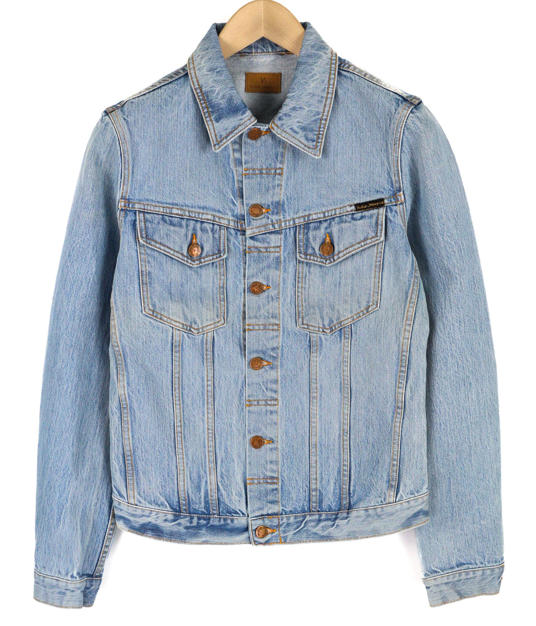 Nudie Jeans S Mid Blue Denim Polo Neck Pockets Logo Jacket 82448 Size US S / EU 44-46 / 1 - 1 Thumbnail