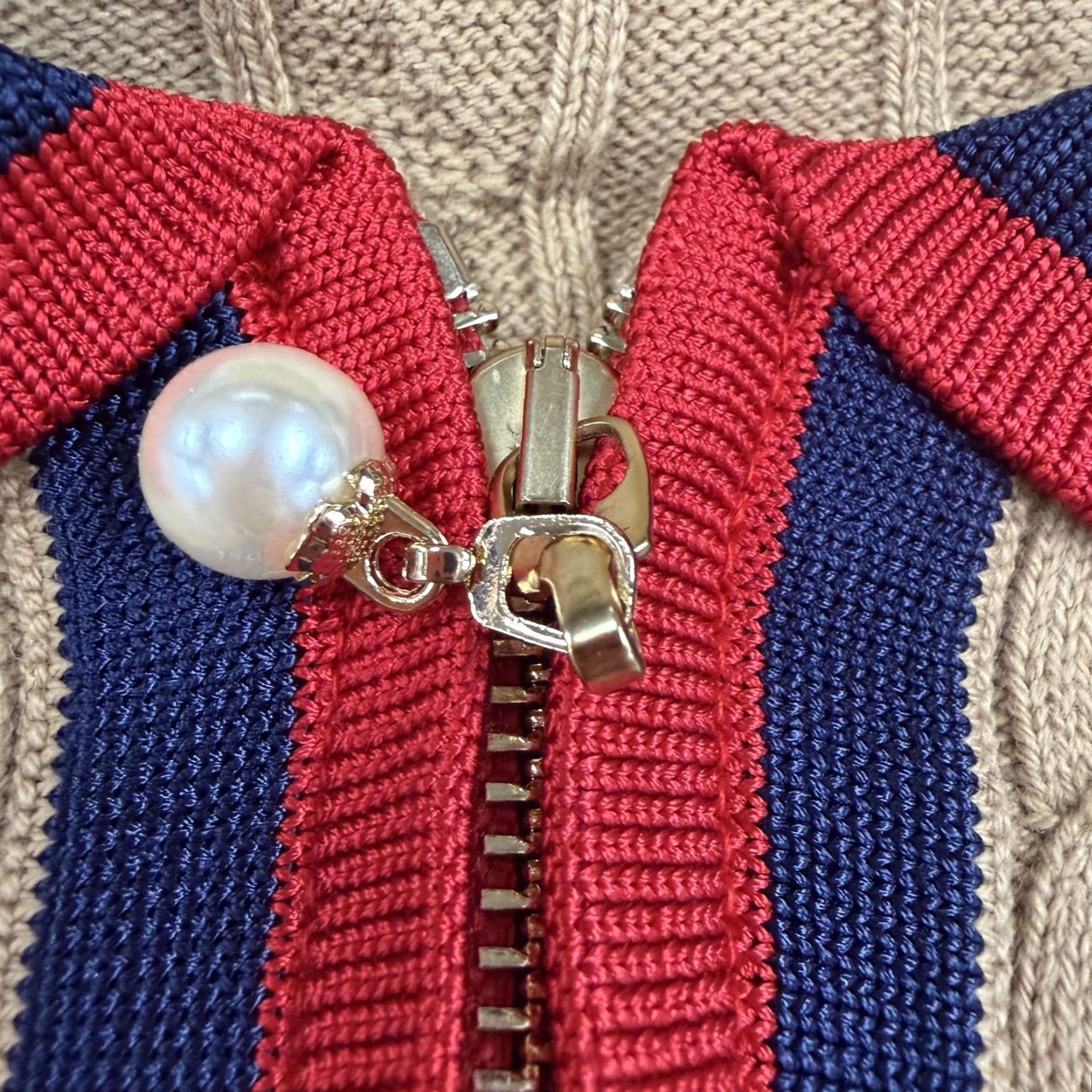 Talbots Talbots Sweater Womens XL Tan Cable Knit Zip Front Collared Cardigan Pearl Trim Size XL / US 12-14 / IT 48-50 - 4 Thumbnail