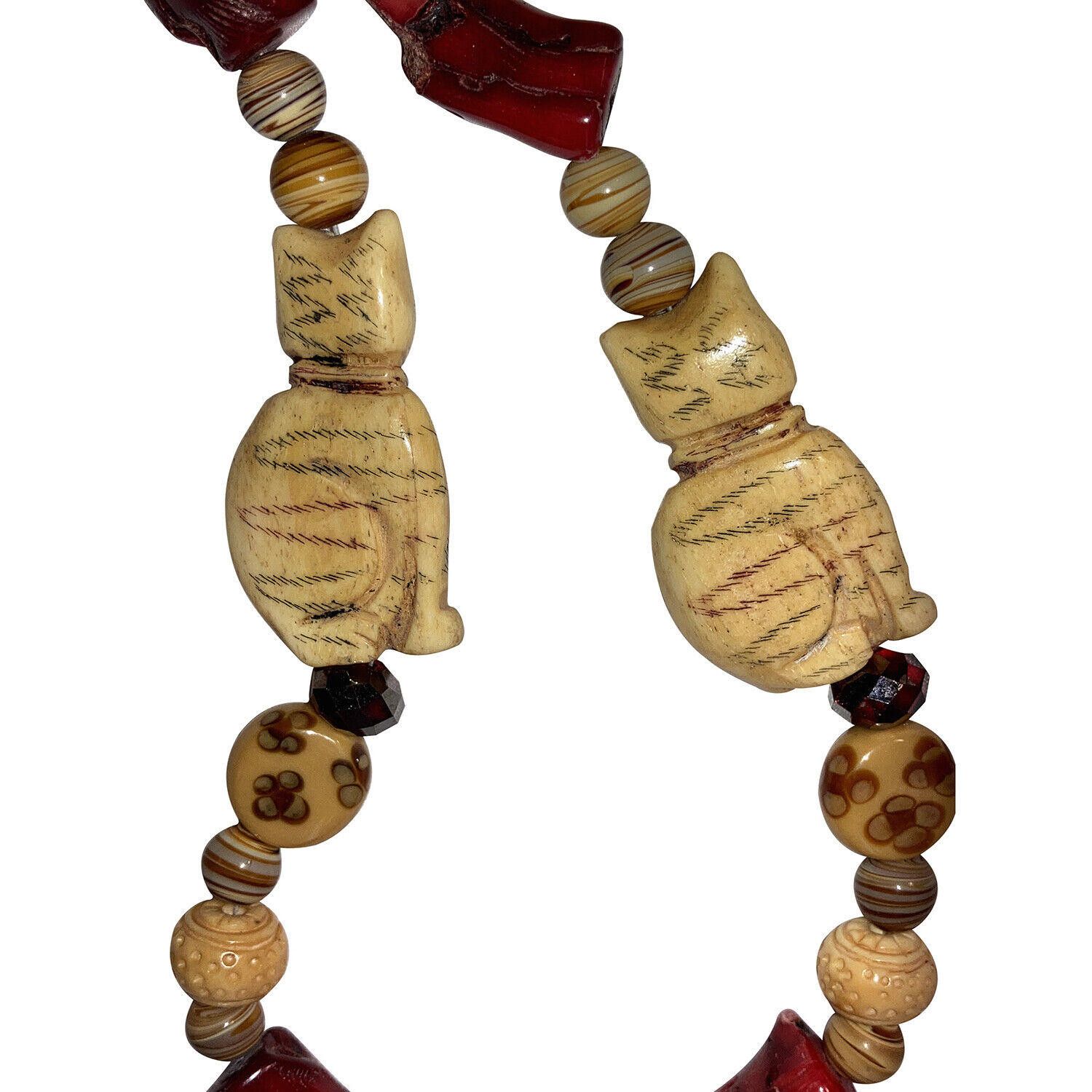 Designer Cat Bone Crystal Glass and Red Coral Bead Necklace Earring Size ONE SIZE - 6 Thumbnail