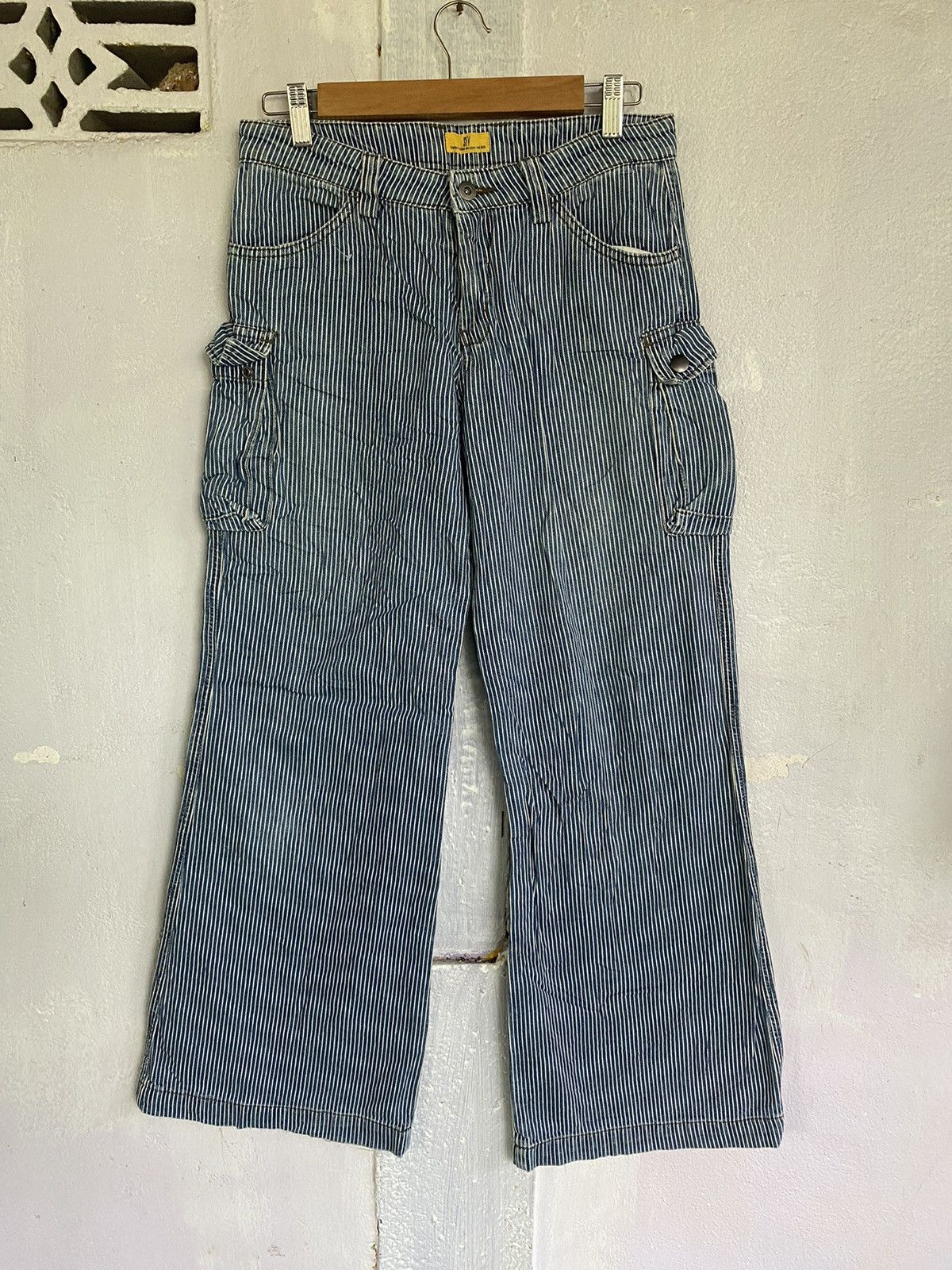 SEV Cargo Wide Leg Blue Stripes Multiple Pocket Pants