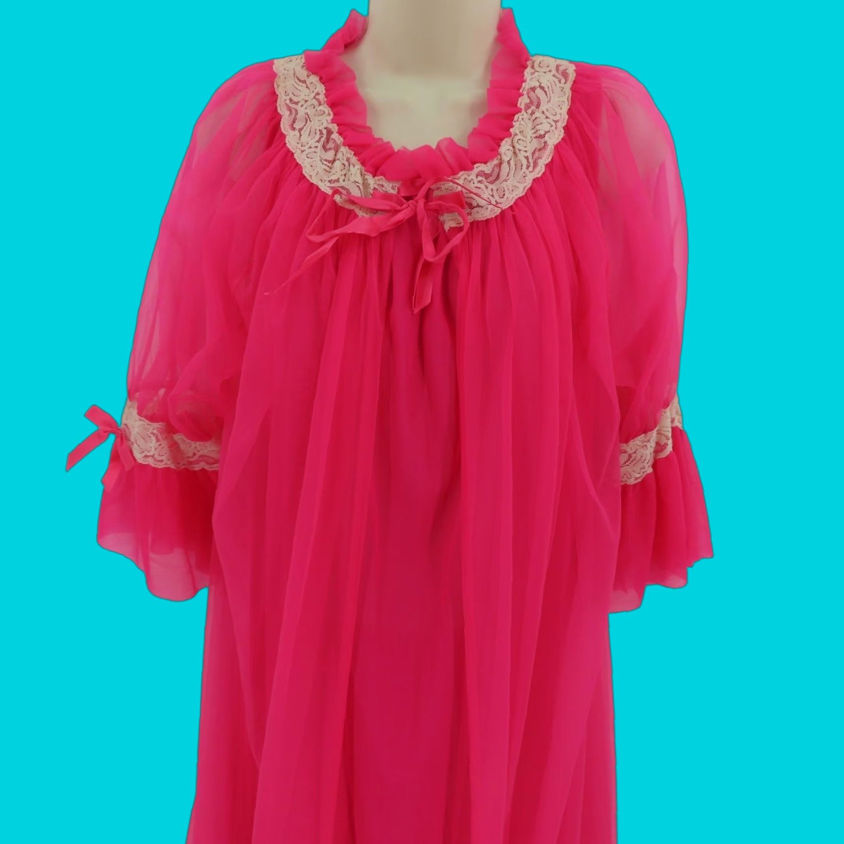 Vintage VINTAGE Union Made Women Medium Pink Sheer Nightgown Dress Robe Set Solid Pink Lace Shirt? Size M / US 6-8 / IT 42-44 - 1 Thumbnail