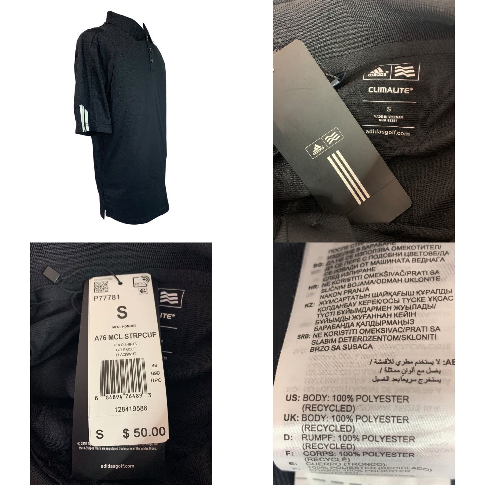 Adidas Adidas Shirt Mens Small Black Golf Polo A76 MCL Stripe Cuff Climalite Size US S / EU 44-46 / 1 - 8 Thumbnail