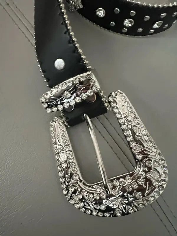 Leather Black Cross Rivet Belt Engraved Buckle Rhinestone PU Belt Size ONE SIZE - 2 Thumbnail