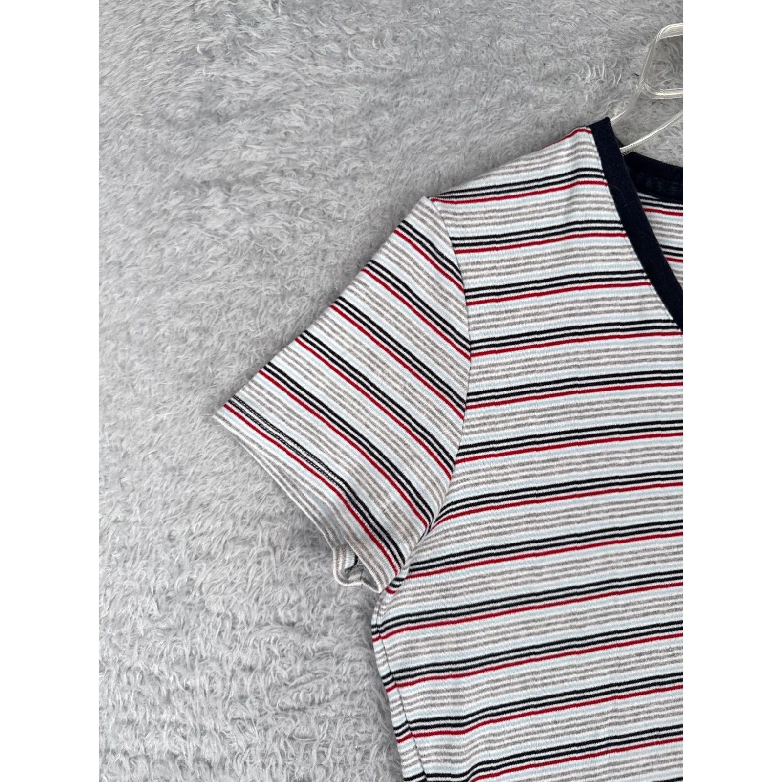 Tommy Hilfiger VINTAGE Tommy Hilfiger Shirt Womens Large Gray Red Stripe V-Neck Short Sleeve Cotton Size L / US 10 / IT 46 - 3 Thumbnail