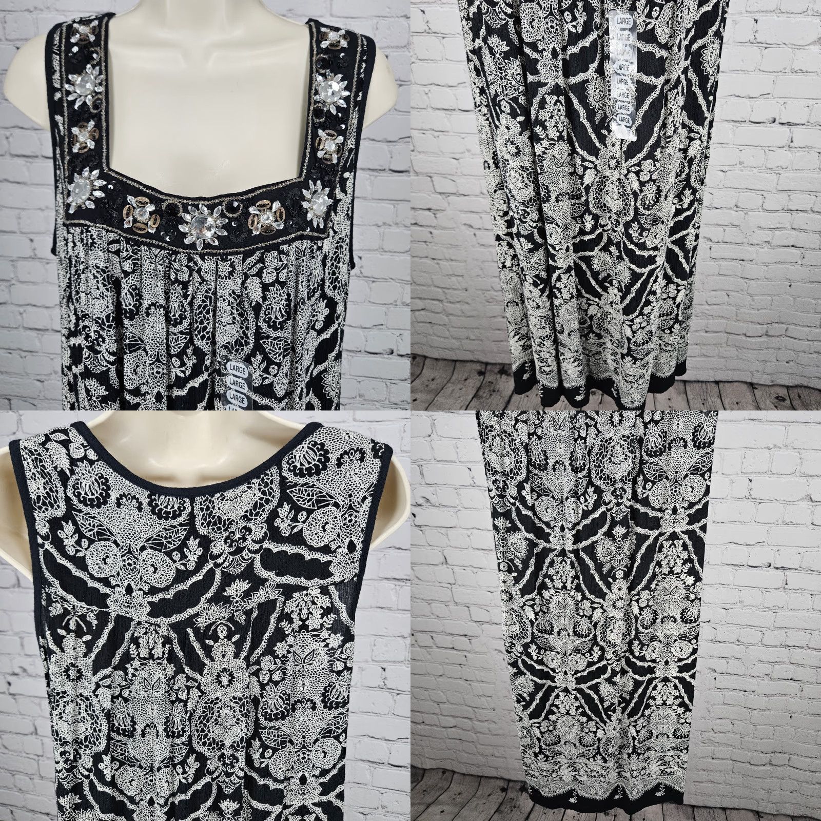 Vintage Forbidden NWD Black White Floral Beaded Sequin Accents Boho Midi Dress L Women Size L / US 10 / IT 46 - 8 Thumbnail