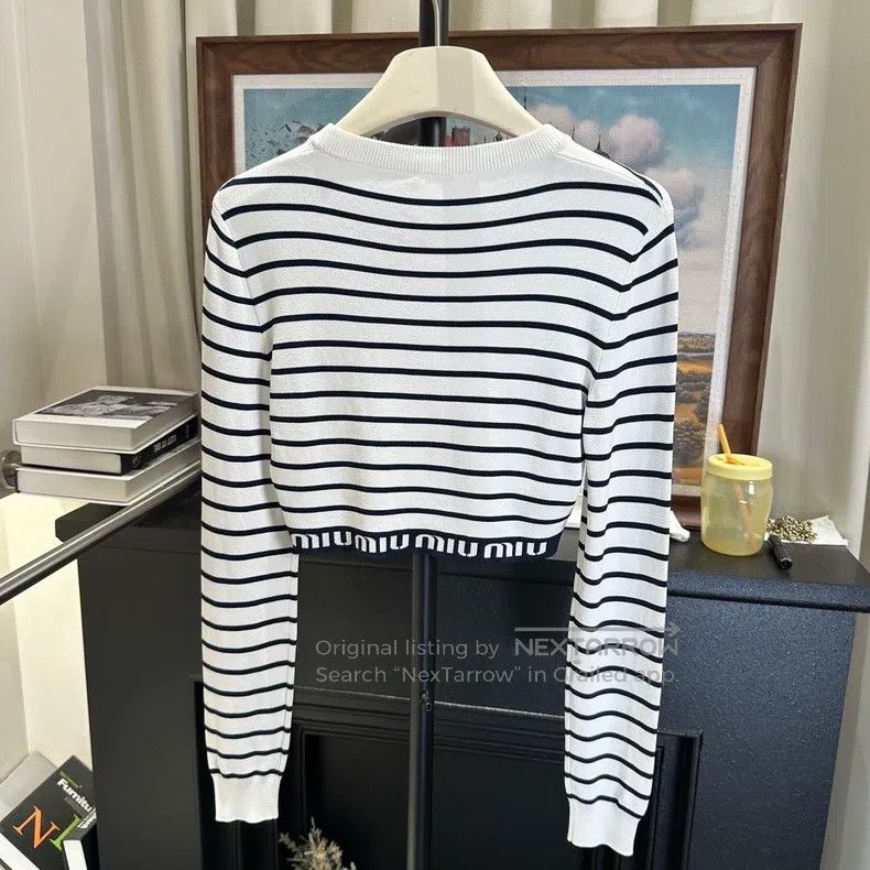 Miu Miu Miu Miu 40 Striped waist letter logo long sleeve knit top Size M / US 6-8 / IT 42-44 - 2 Thumbnail