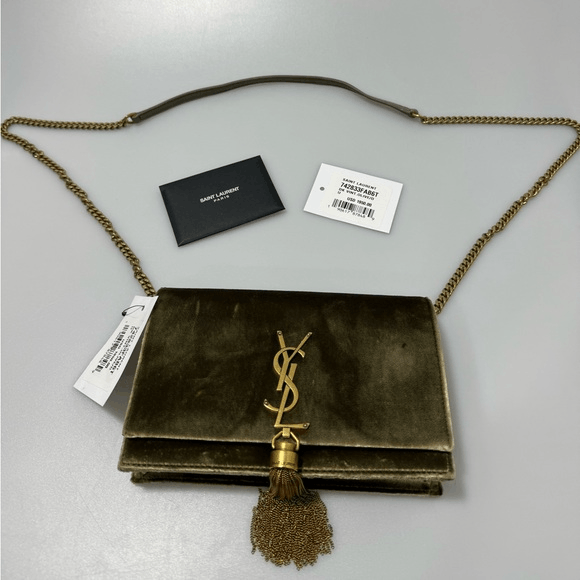 YSL Saint Laurent Kate Tassel Chain Bag Velour Olive Gold Bags Luggage