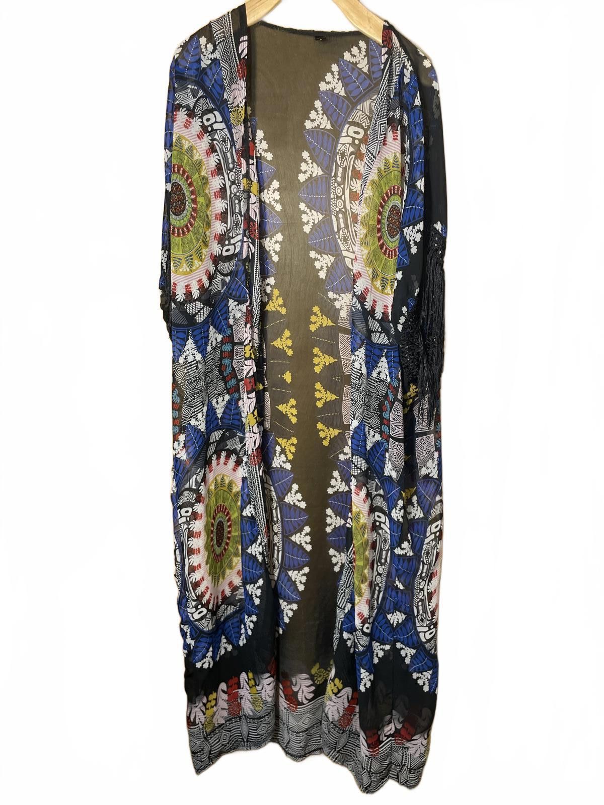 Other Kimono Robe Midi Women's OS Black Blue Fringe Boho Festival Size ONE SIZE - 1 Thumbnail