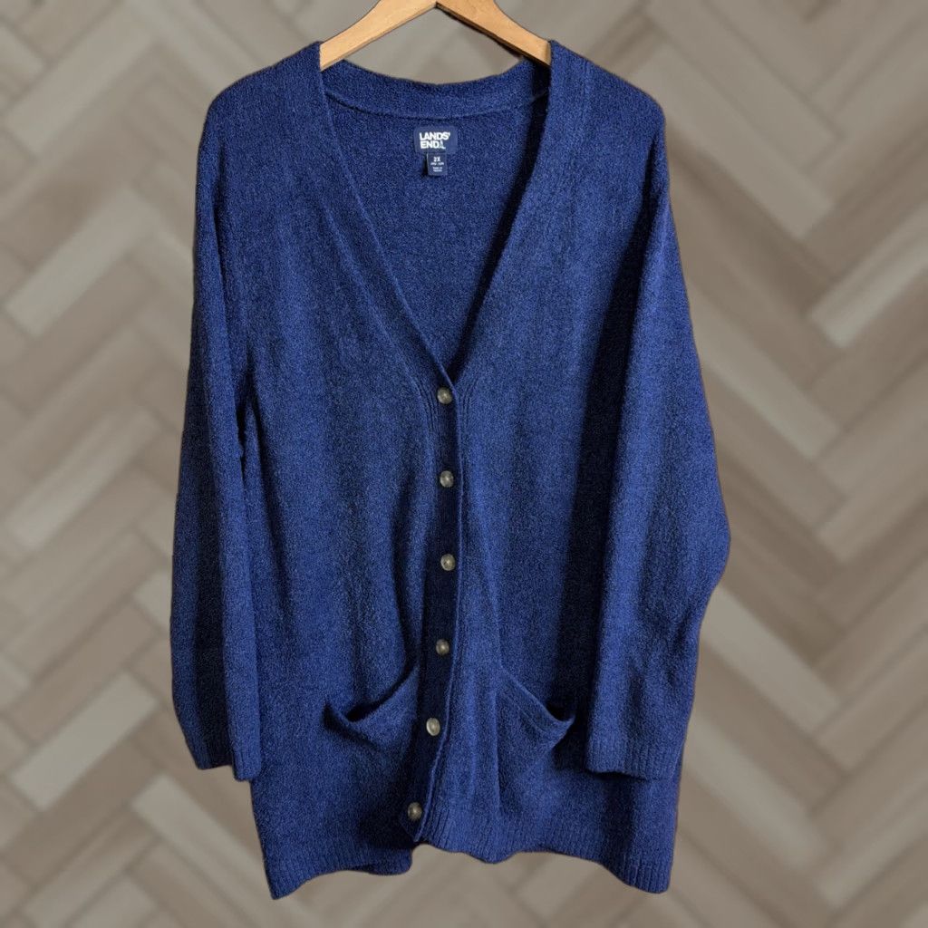 Lands' End Lands End Lands' End Womens V-Neck Blue Cardigan Sweater 2X Button Up Plus Size Cardigan Womens V-Neck Blue 2X Plus Size Pockets 100% Cotton Size XXL / US 16-18 / IT 52-54 - 1 Thumbnail