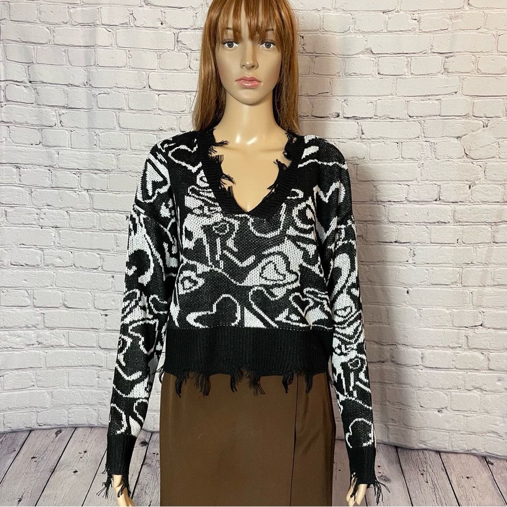Other NWT New Just Polly Heart Print Distressed Black White Sweat Size XL / US 12-14 / IT 48-50 - 3 Thumbnail
