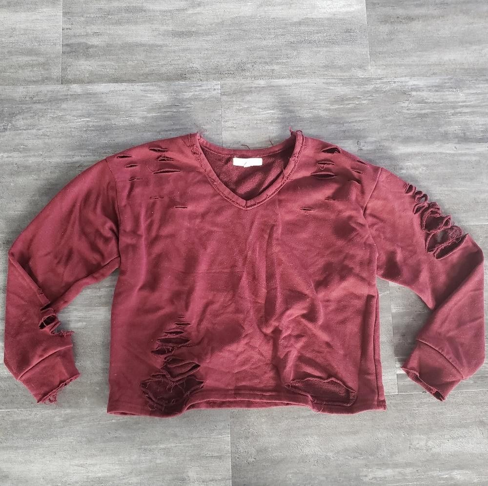 Designer Burgundy Distressed Hot&Delicious Vneck Long Sleeve Size L / US 10 / IT 46 - 1 Thumbnail