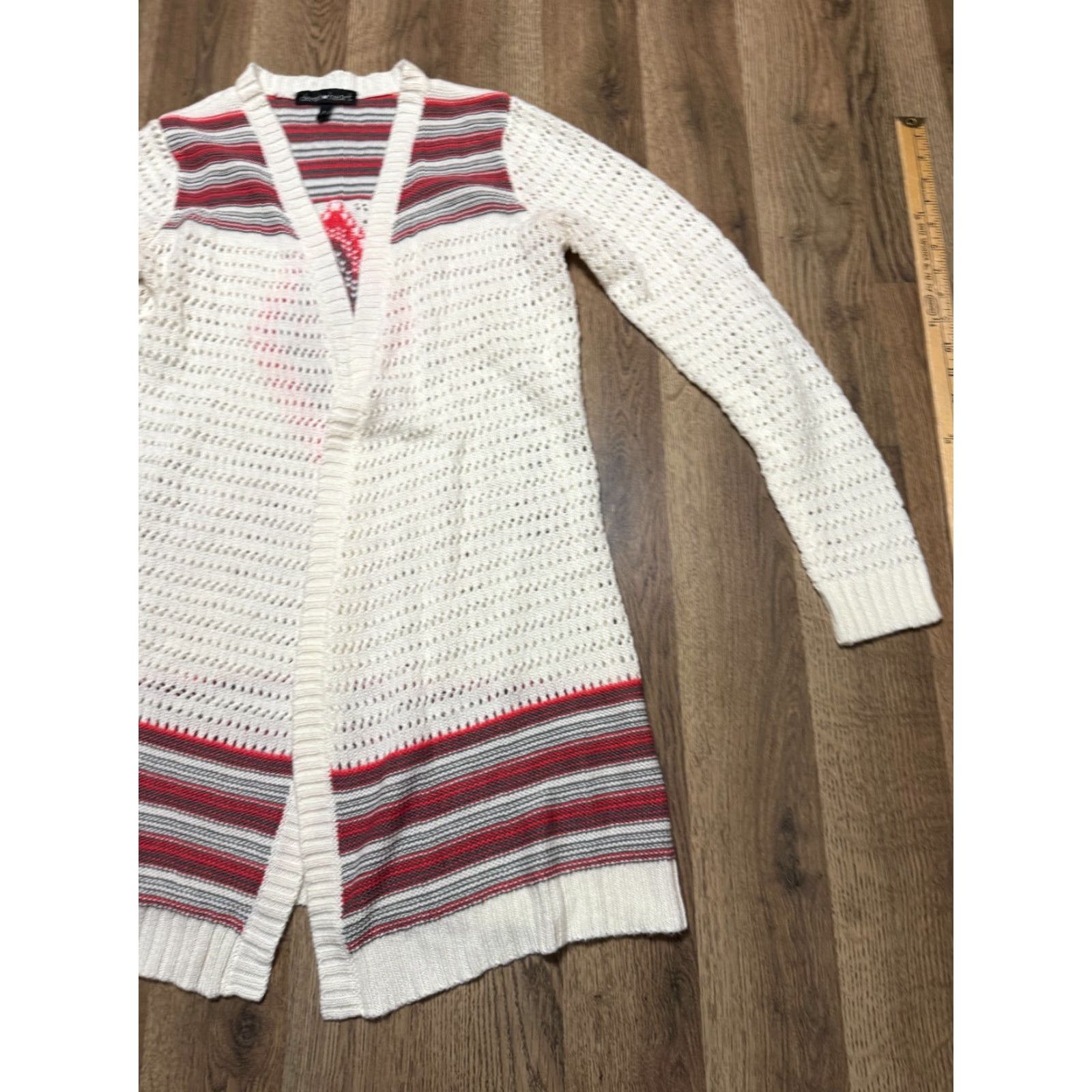 Vintage Derek Heart Women's Sweater Large White Red Grey Long Sleeve Open Cardigan Knit Size L / US 10 / IT 46 - 4 Thumbnail