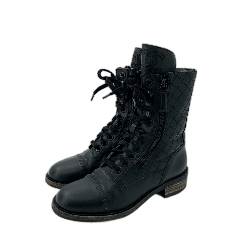 Chanel Chanel Black Quilted LaceUp Ankle Boots -2505 Size US 6.5 / EU 39-40 - 1 Thumbnail