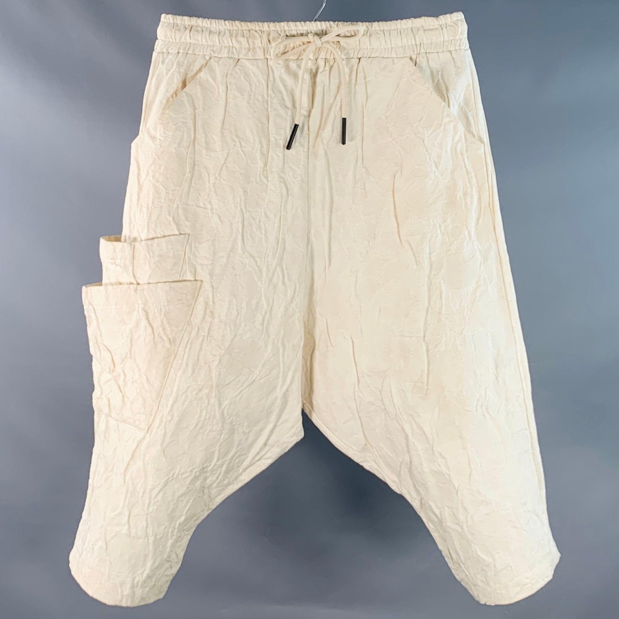 Linen Pants Drop Crotch Cropped Pants LA HAINE L Beige Jacquard