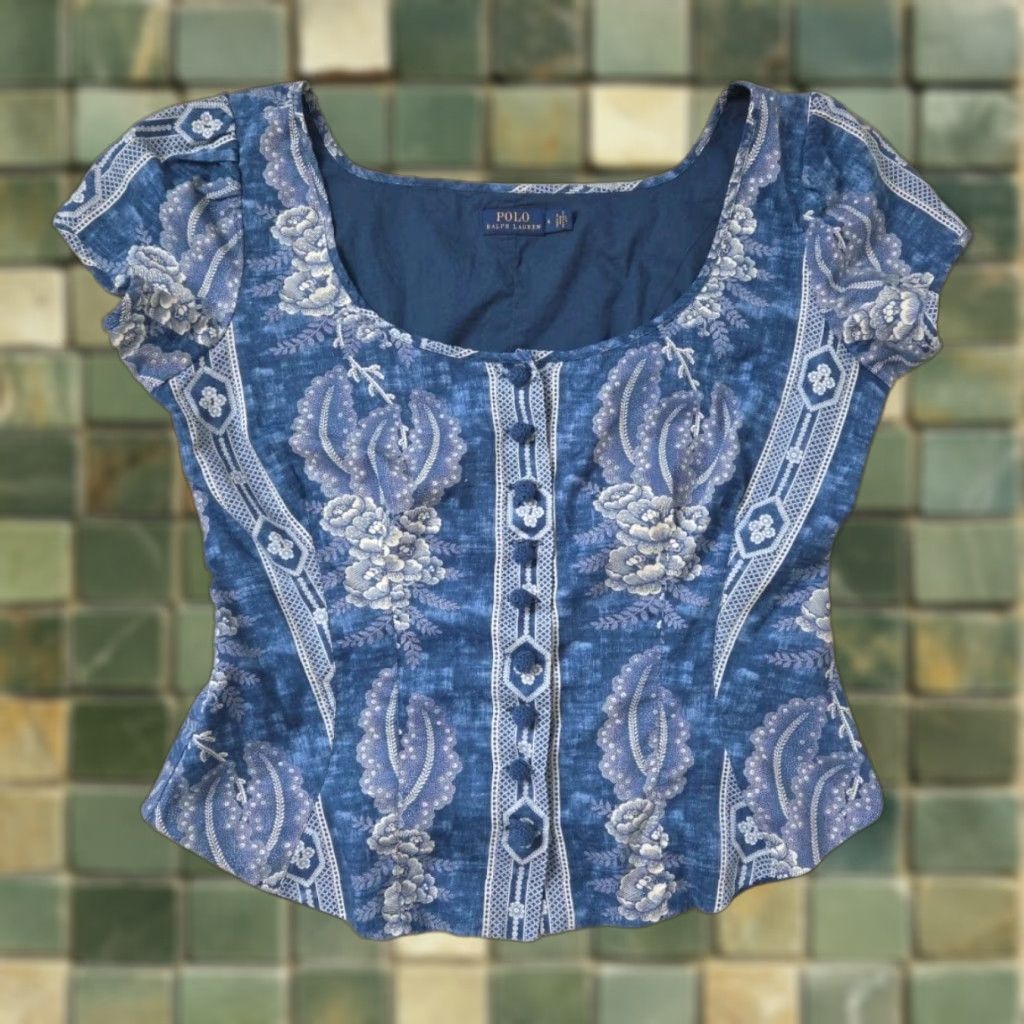 Polo Ralph Lauren VINTAGE Polo by Ralph Lauren Polo Ralph Lauren Midnight Indigo Blue Floral Peplin Top 4 Small NYOT? Size S / US 4 / IT 40 - 1 Thumbnail