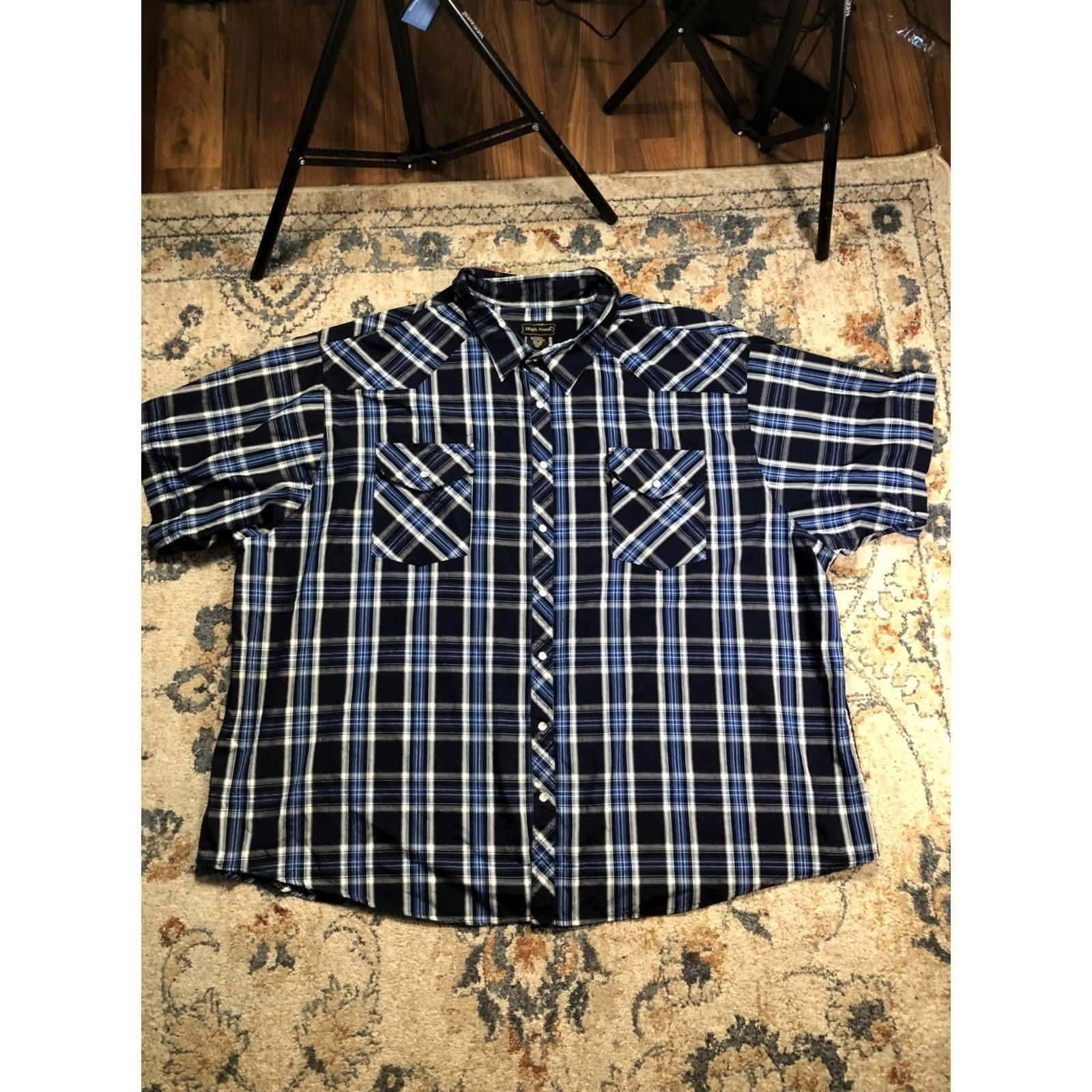 Vintage High Noon Shirt Mens 6XL Blue Plaid Short Sleeve Western Snap Pockets Casual Size US XXL / EU 58 / 5 - 2 Thumbnail