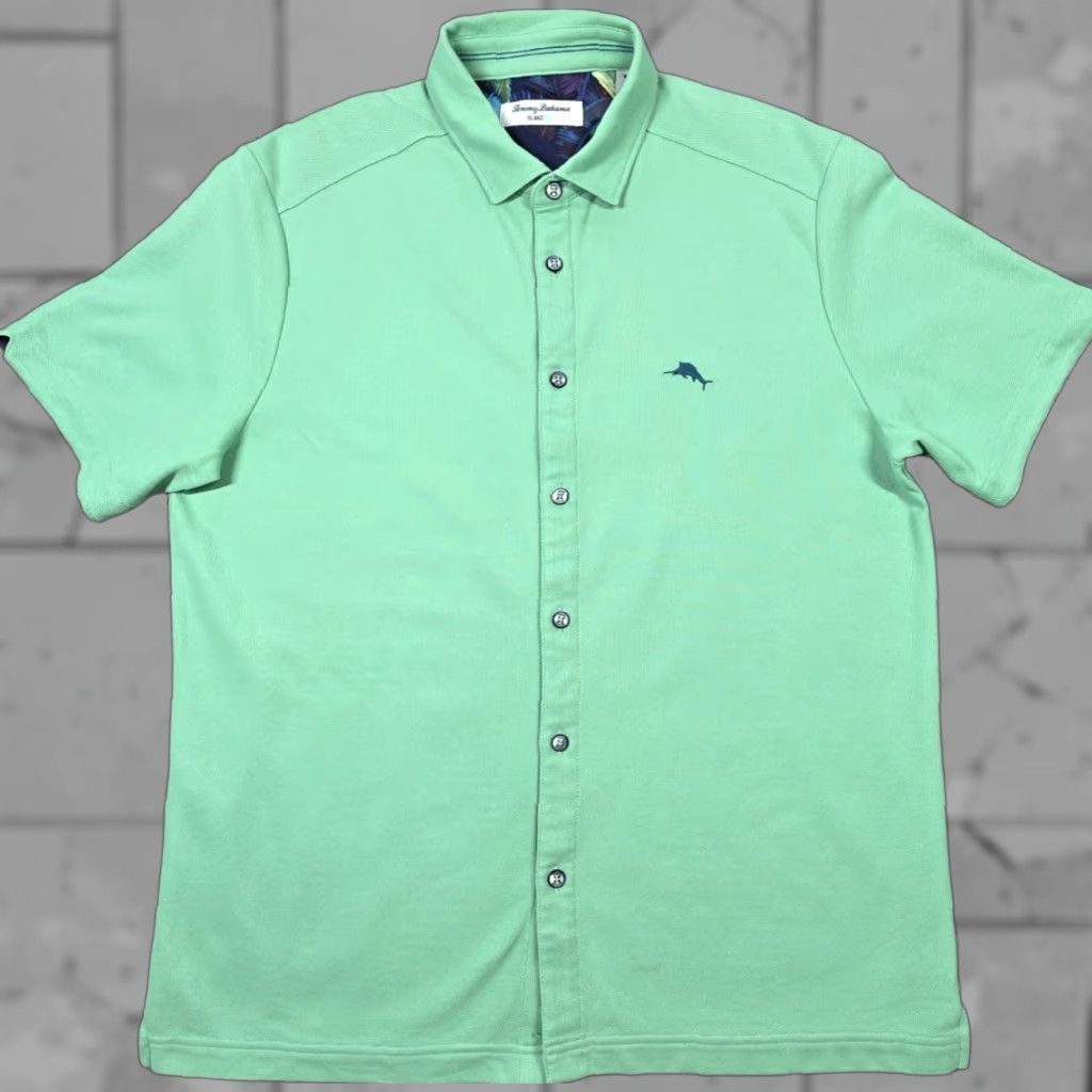 Tommy Bahama Shirt M Mens Green Pique Knit Floral Trim Button Up Island Zone Camp Shirt