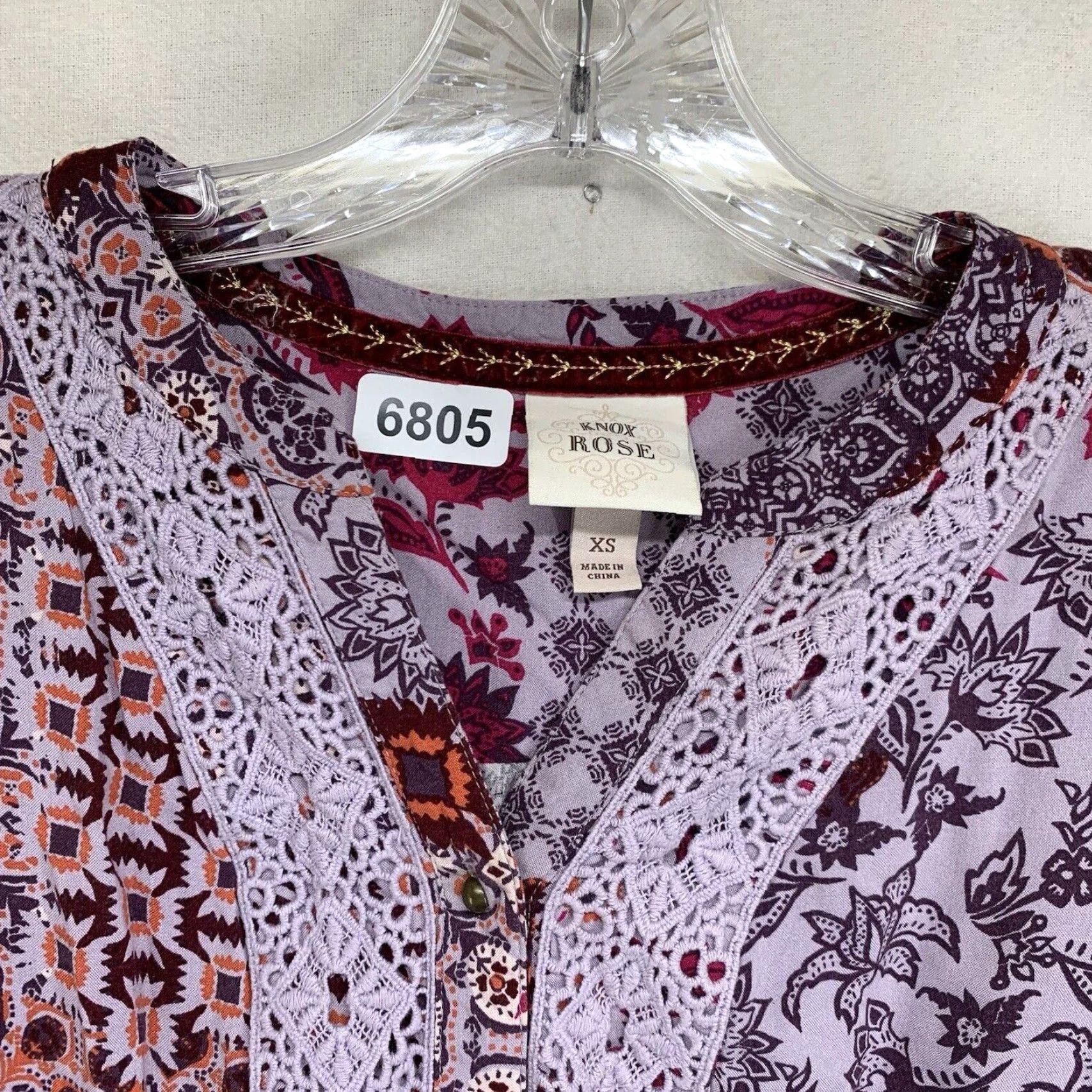 Vintage Knox Rose Geometric Midi Dress XS Purple Long Sleeve V-Neck Embroidered Hippie Bohemian Womens Size XS / US 0-2 / IT 36-38 - 3 Thumbnail