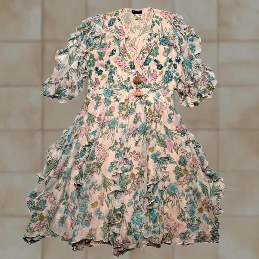 Vintage VINTAGE Diane Freis Silk Dress Floral Pink Boho Fairy Cottage Dress Women One Size Hong Kong 80s Ruffle Fit & Flare Womens Size ONE SIZE - 1 Thumbnail