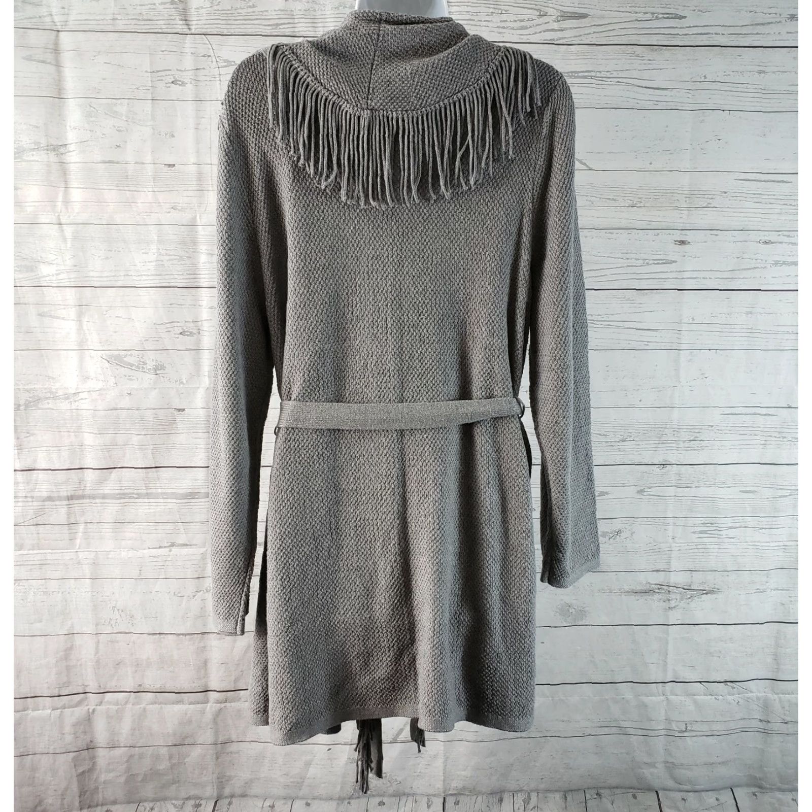 J. Jill J Jill Cardigan Shirt Womens Belted Gray Fringe Cotton Blend Large Petite, Knits, Long Sleeve, Size PL, Size L / US 10 / IT 46 - 4 Thumbnail