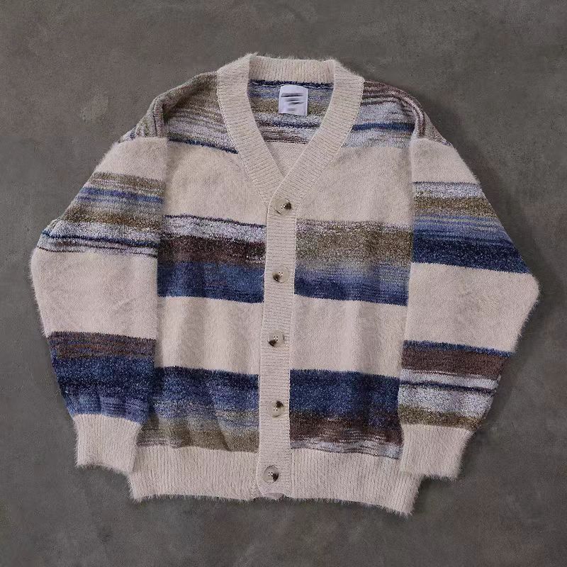 Japanese Brand × Vintage Beige Vintage Striped Loose Knit Cardigan Size US L / EU 52-54 / 3 - 1 Thumbnail