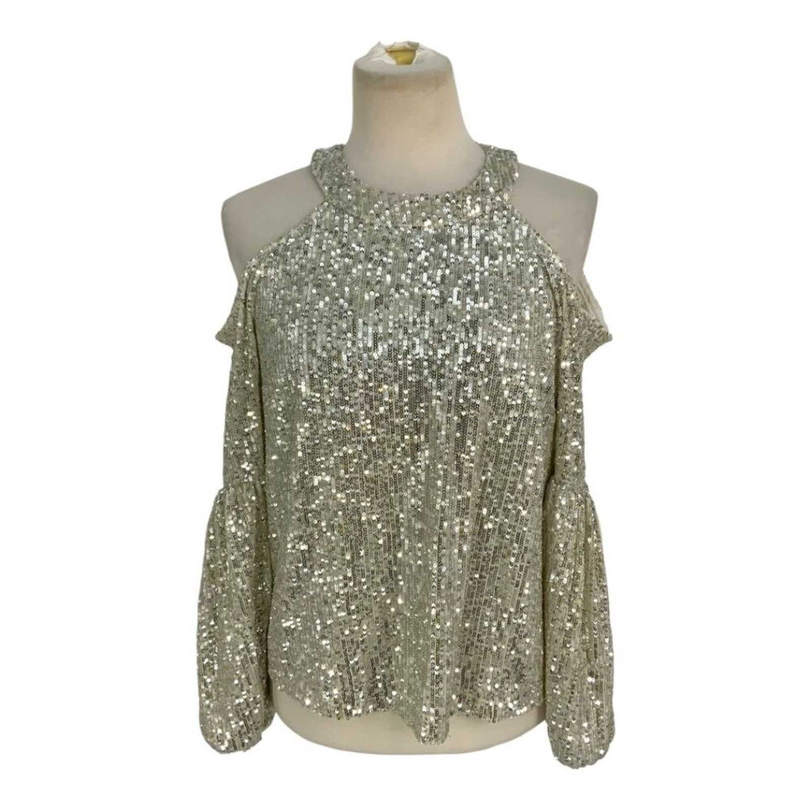 Other CeCe Cold Shoulder Sequined Blouse Silver XS NWOT $89 MSRP Size XS / US 0-2 / IT 36-38 - 2 Thumbnail