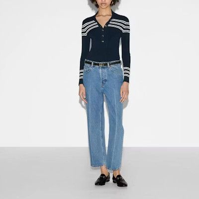 Gucci o1la5ras0526 Stretch Rib Viscose Polo Top Shirt in Navy Blue Size XXL / US 16-18 / IT 52-54 - 4 Thumbnail