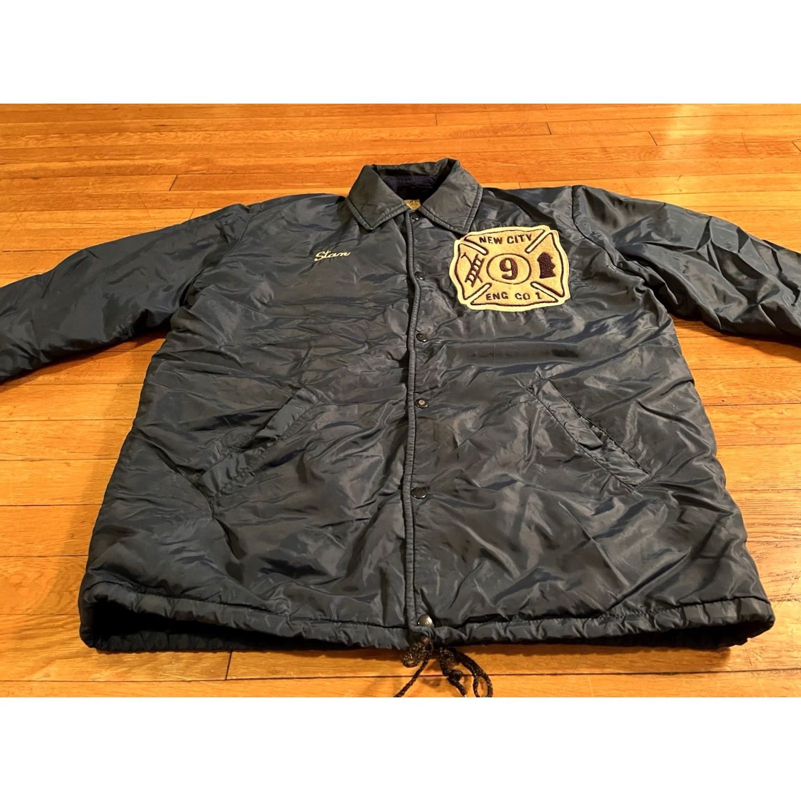 CO VINTAGE Hewitt Mfg New City Fire Engine Co Jacket Mens L Blue Sherpa Lined 60s Fire Engine Co Logo Letterman Stan Embroidered Mens Jacket Size US L / EU 52-54 / 3 - 2 Thumbnail