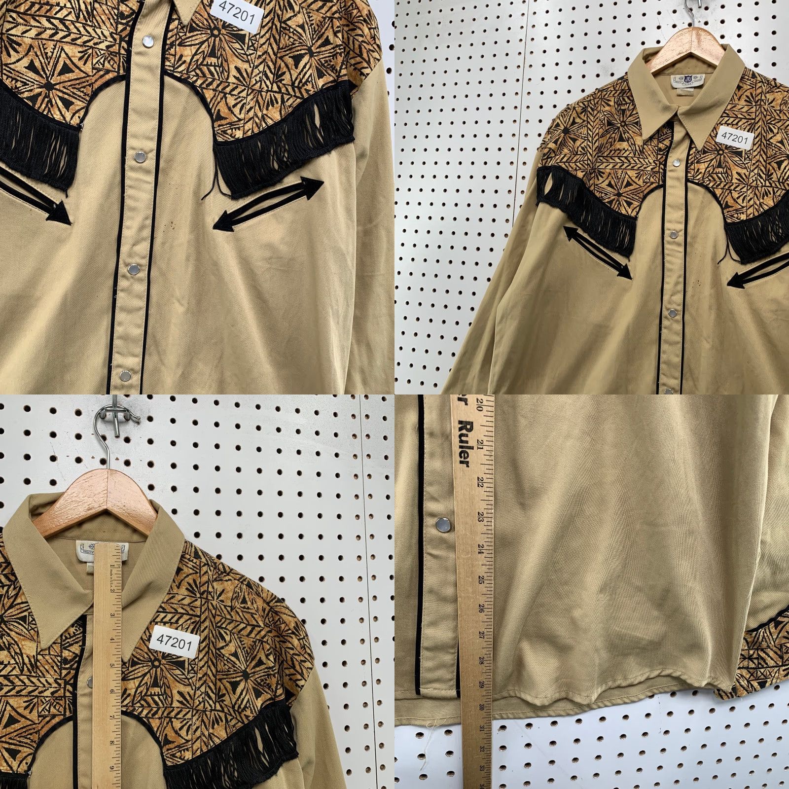 Vintage VINTAGE JB Trinity Western Snap Shirt Mens XL Beige Fringe Up Cowboy Made USA Shirt Mens XL Beige Fringe Western Cowboy 1960s 1970s Mens Size US XL / EU 56 / 4 - 8 Thumbnail