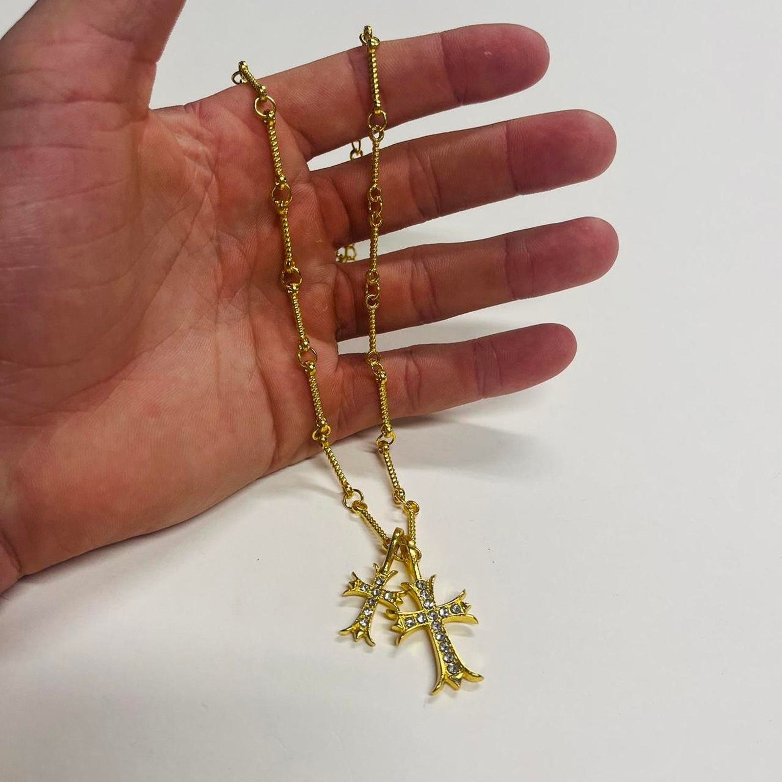 Farah Vintage y2k style Double cross gold Necklace. Rhinestone Size ONE SIZE - 2 Thumbnail