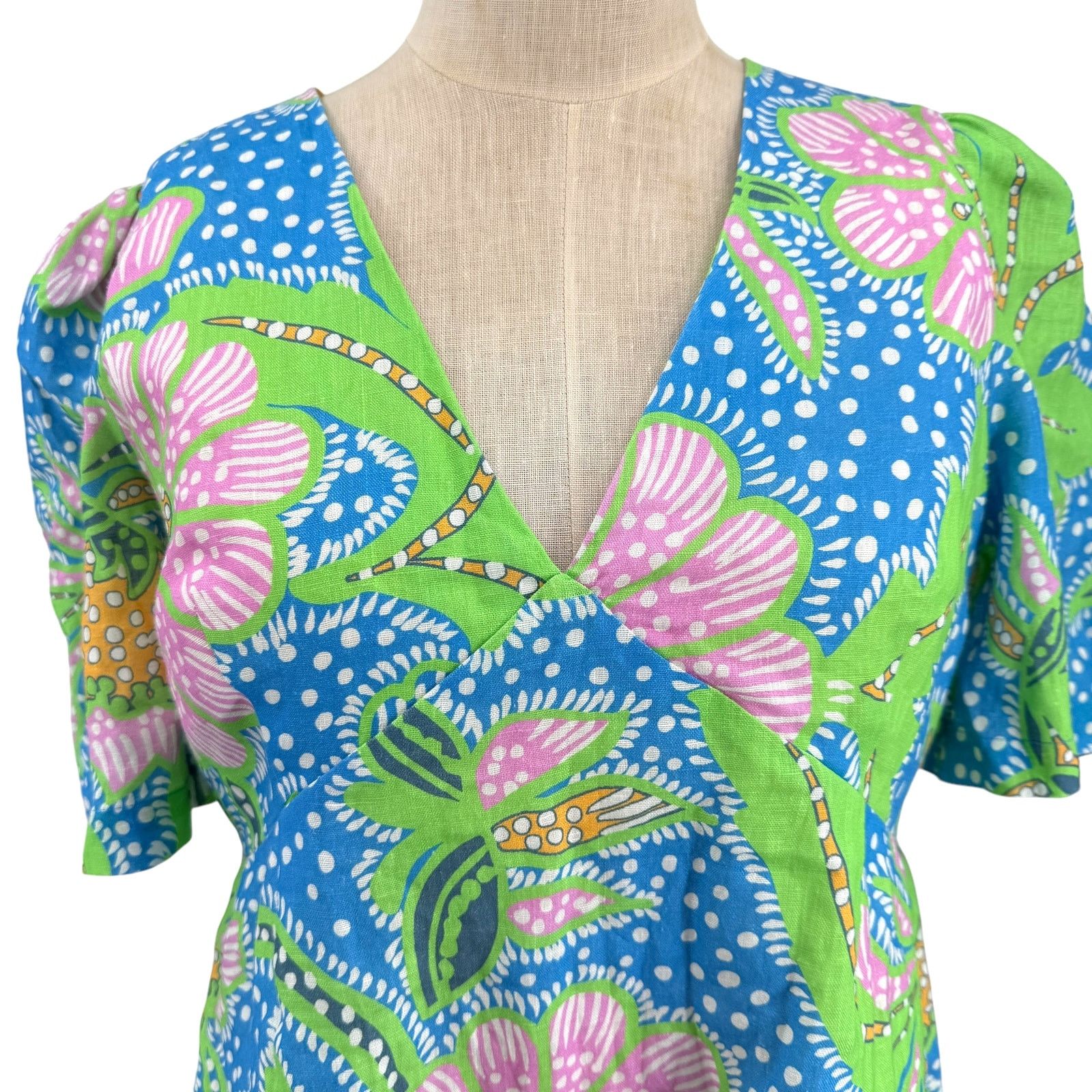 RHODE Rhode Mariana Dress Blue Psychedelic Flower Linen 14 NWT Size XL / US 12-14 / IT 48-50 - 7 Thumbnail