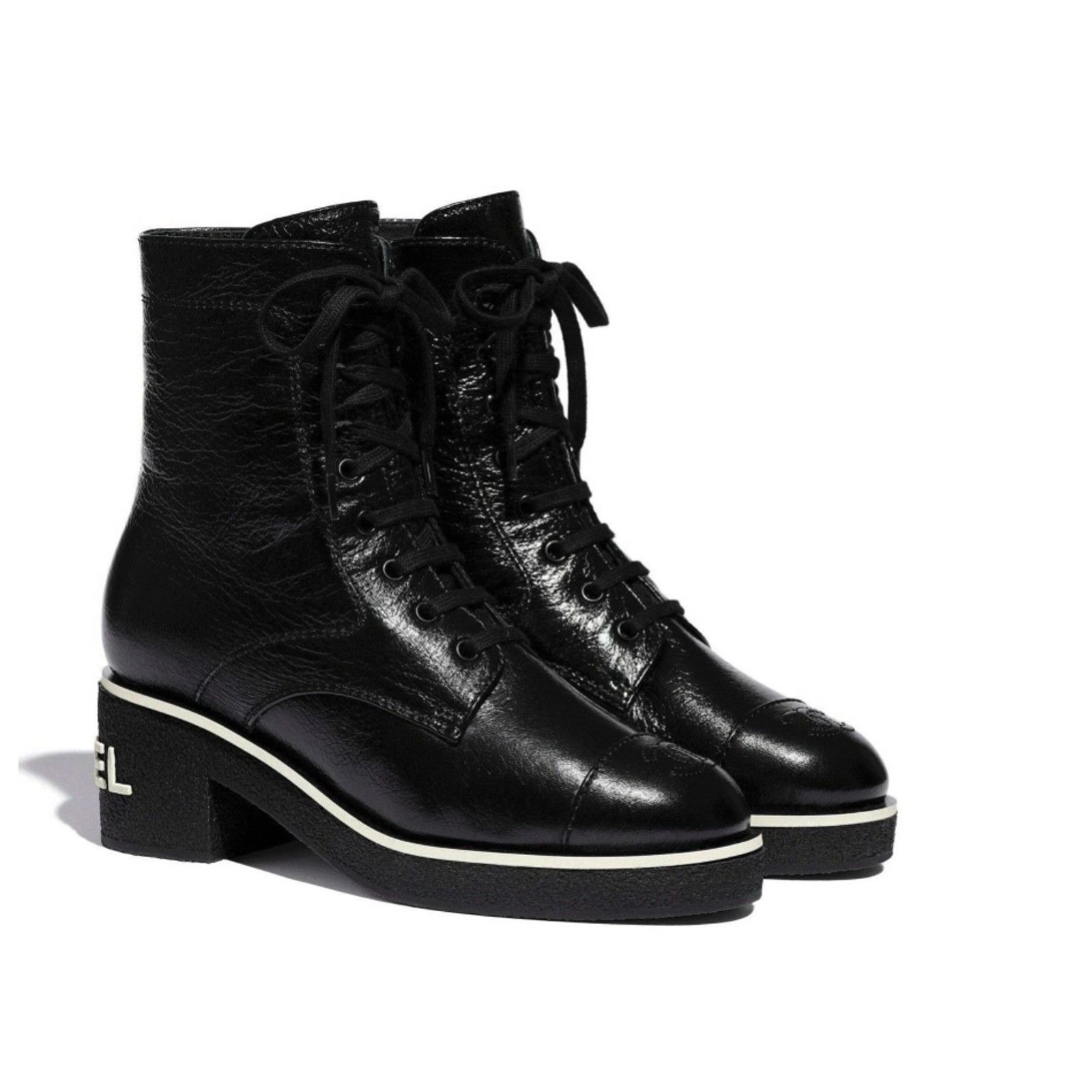 Chanel Chanel 21C Black Patent White Logo Combat Lace Up Tie Size US 10 / IT 40 - 3 Thumbnail