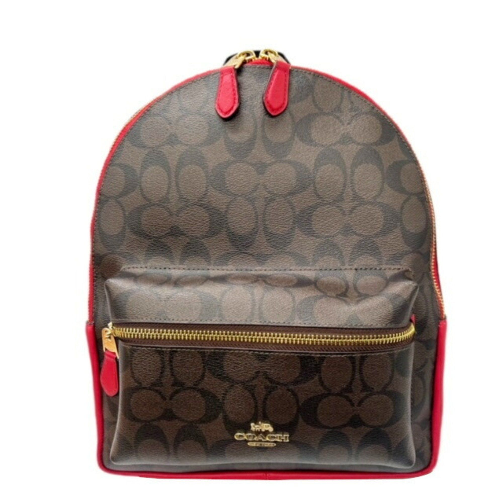 image of Coach Backpack Signature Brown Red Pvc Leather Rucksack F32200 Women's in Black