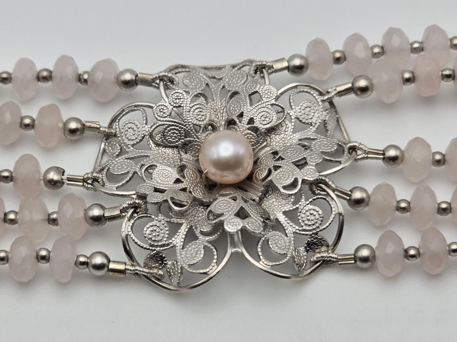 Other Sterling Silver Pink Quartz Bead Bracelet Filigree Flower Size ONE SIZE - 3 Thumbnail