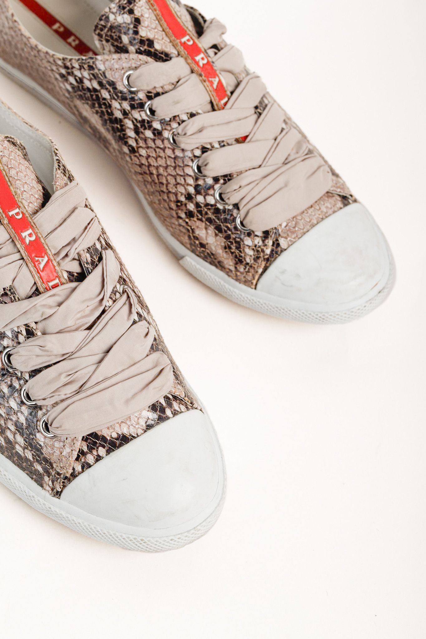 Prada Prada Red Label Taupe Snake Print Satin Ribbon Tied Sneakers Size US 7.5 / IT 37.5 - 6 Thumbnail
