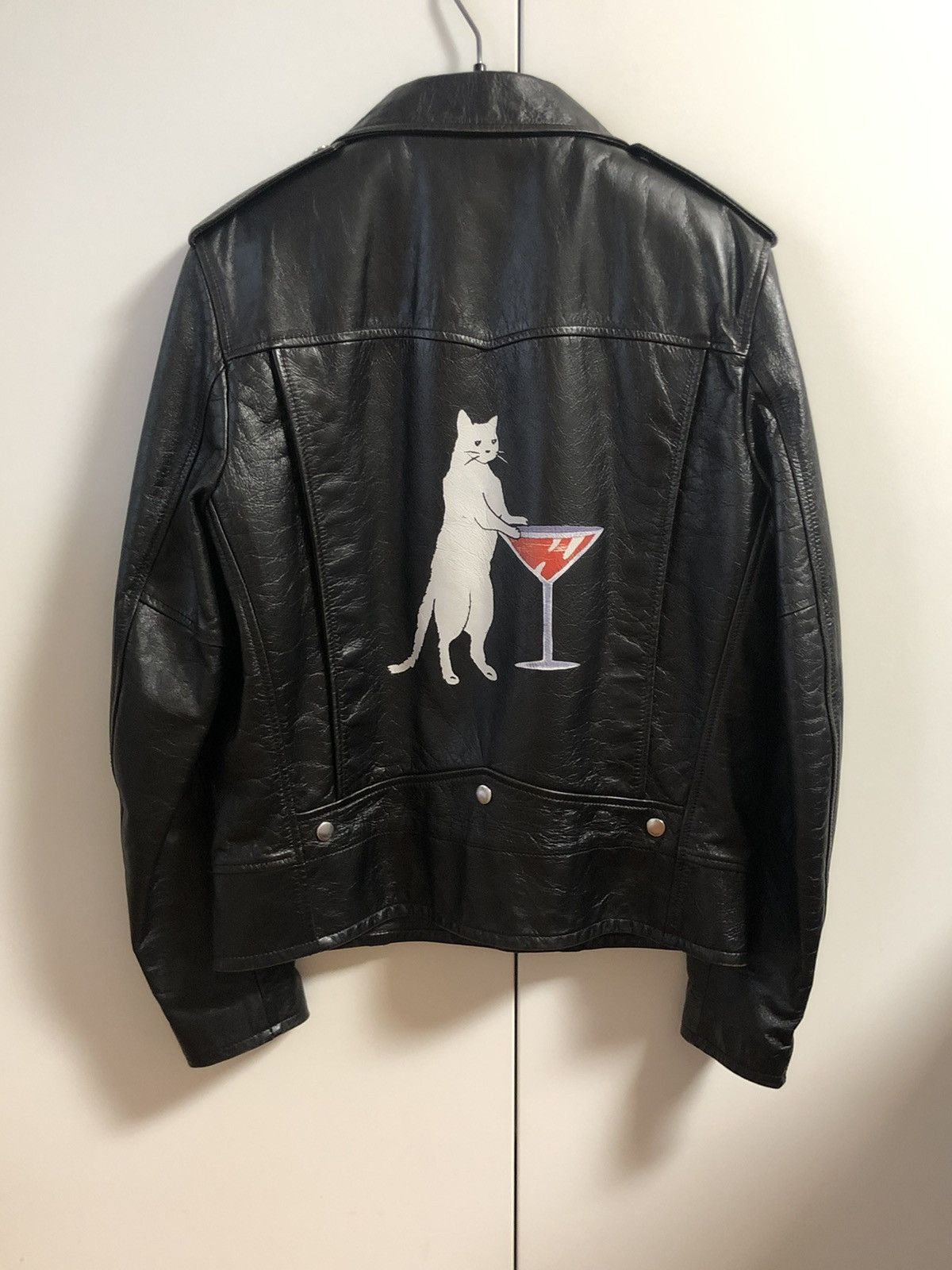 Pre-owned Saint Laurent Distressed Cat And Wine Leather Jacket In Black Distressed
