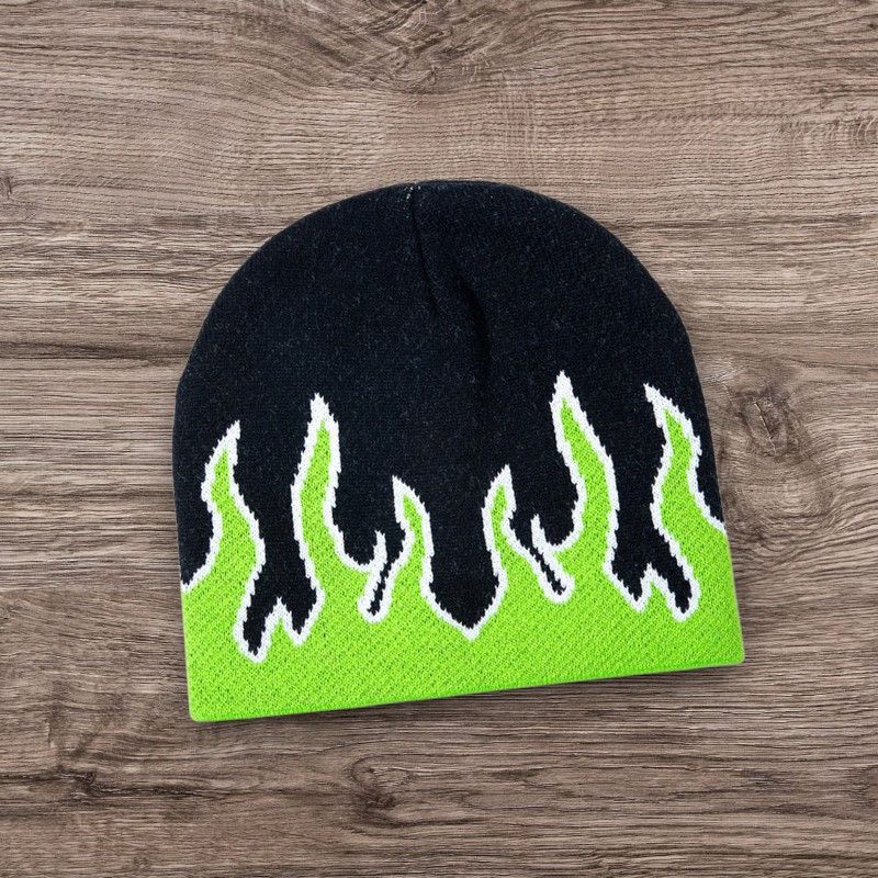 Y2K Skater Alt Grunge Flame Beanie | Neon Punk Fire Hat in Black, Men’s
