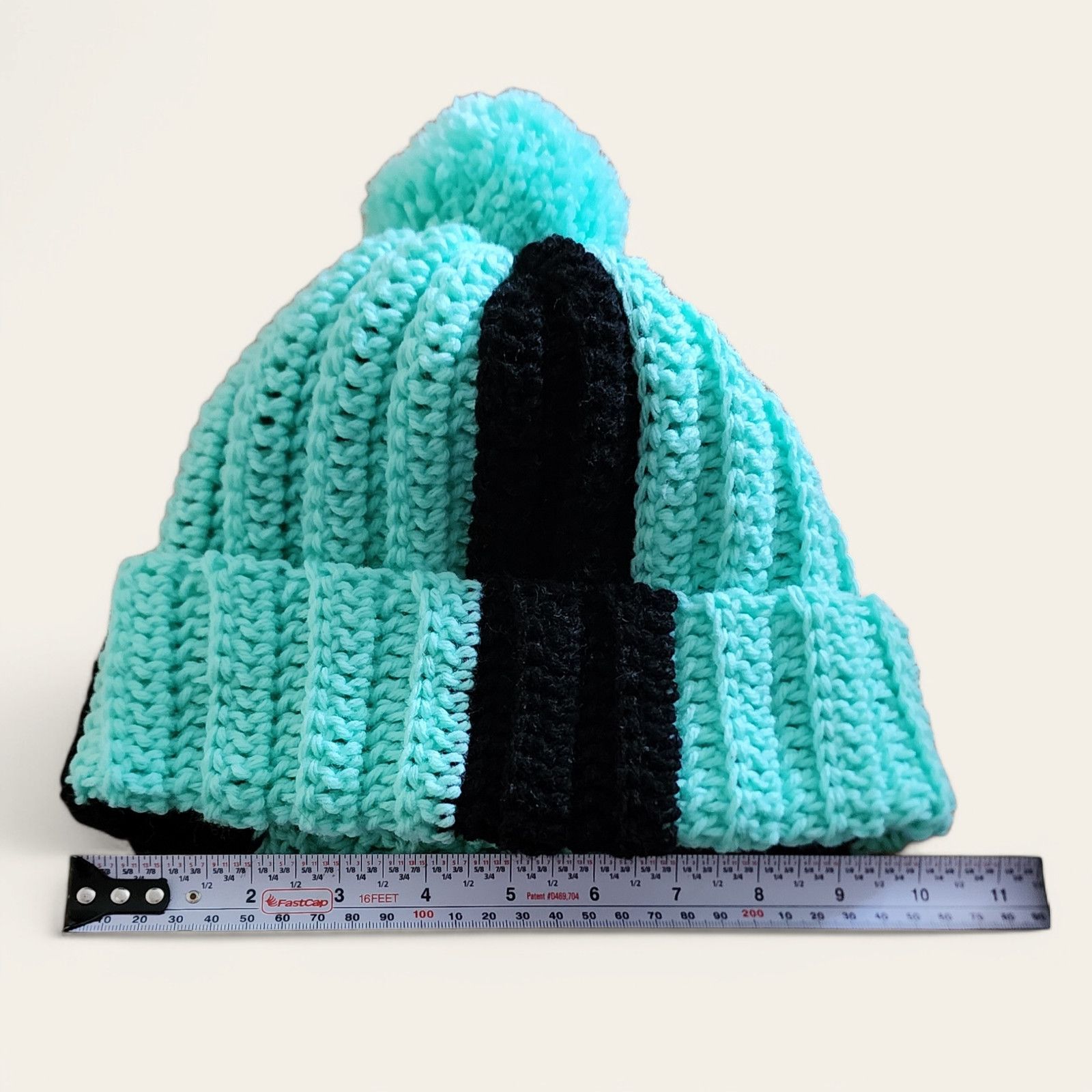 Handmade Handcrafted crocheted green and black winter beanie. Size ONE SIZE - 2 Thumbnail