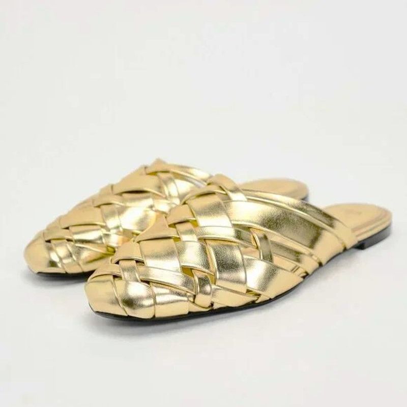 Zara ZARA Gold Woven Metallic Flat Mules NWT Size US 7.5 / IT 37.5 - 19 Thumbnail