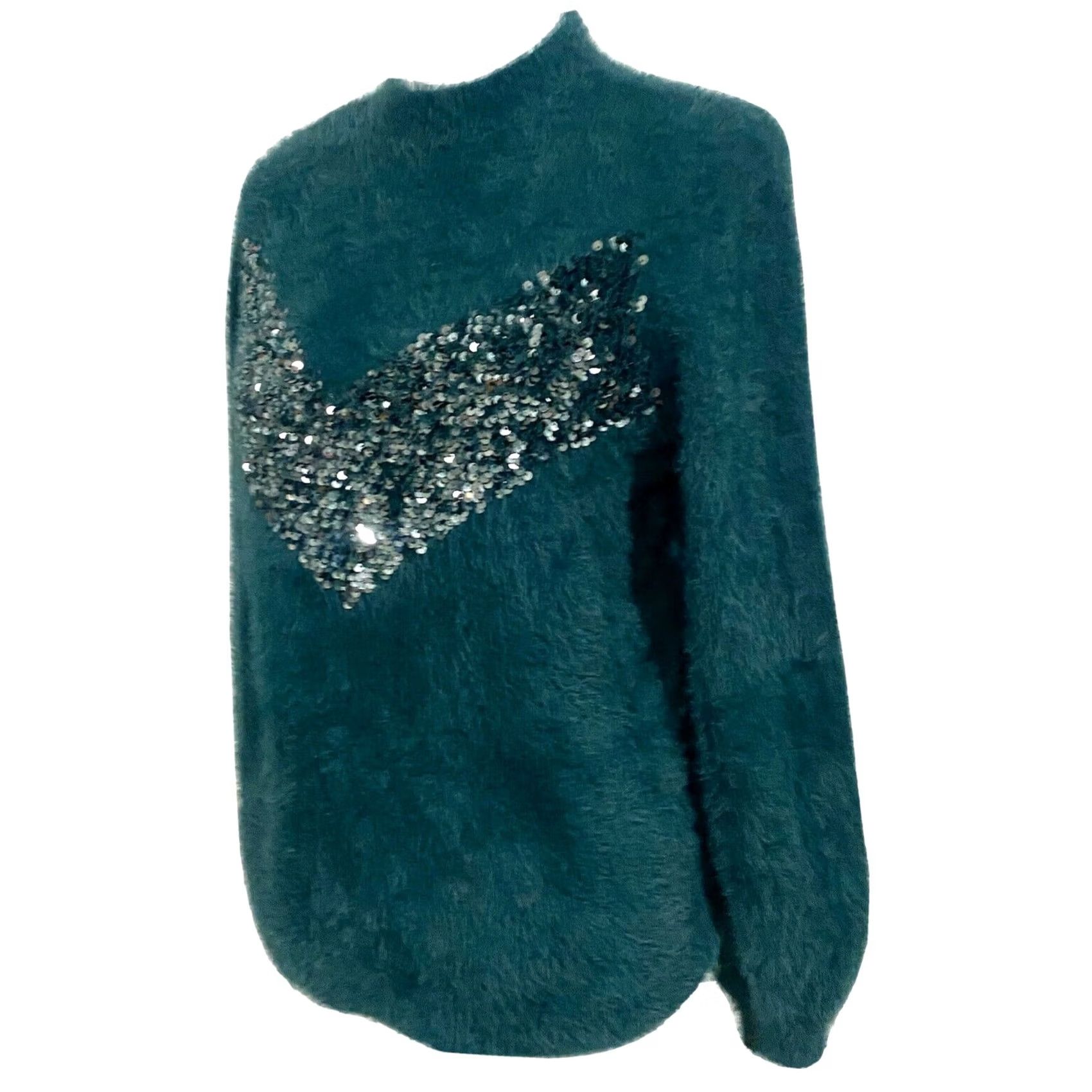 Nine West Cara Santana Nine West Emerald Green Sequin Sweater Fuzzy Soft Women’s Sz M - Pullover Long Sleeve Balloon Sleeve Size M / US 6-8 / IT 42-44 - 4 Thumbnail