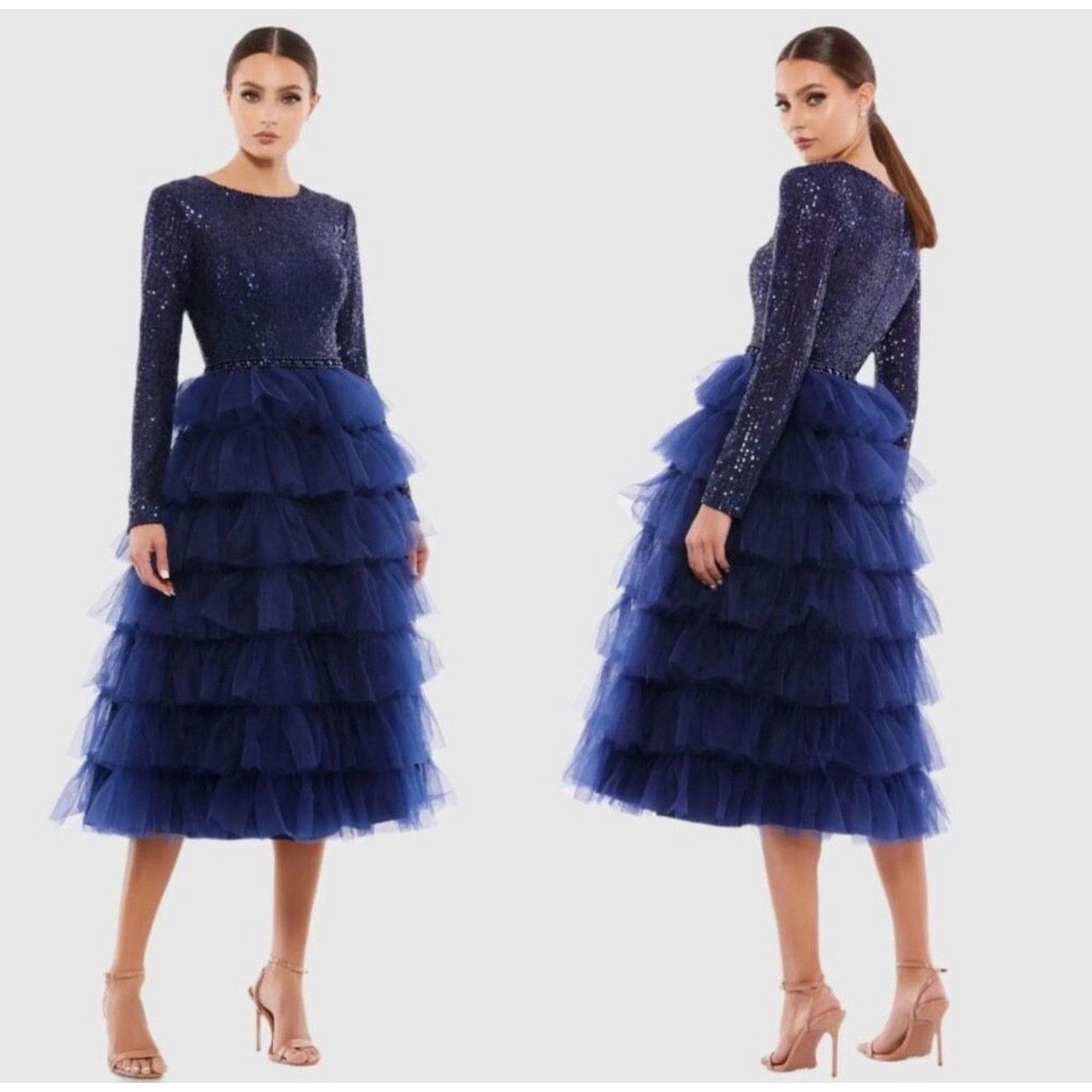 mac duggal sequin tiered long sleeve tulle dress NEW Ieena for Mac Duggal Sequin Black Long-Sleeve Ruffle Tiered Tulle Midi  Dress