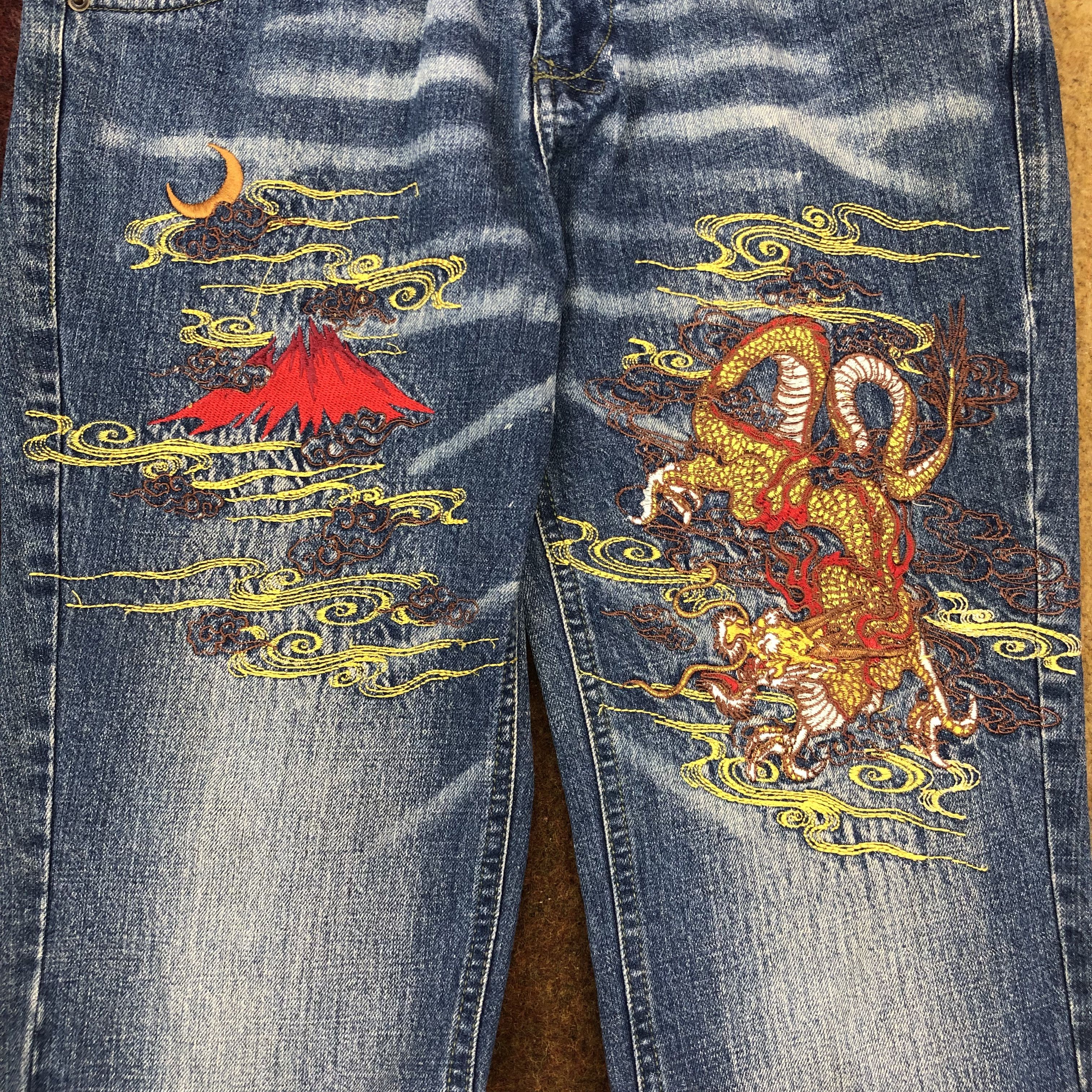 Japanese Brand TEKU Embroidery Red Dragon Denim Jeans #1698/05 Size US 31 - 2 Thumbnail