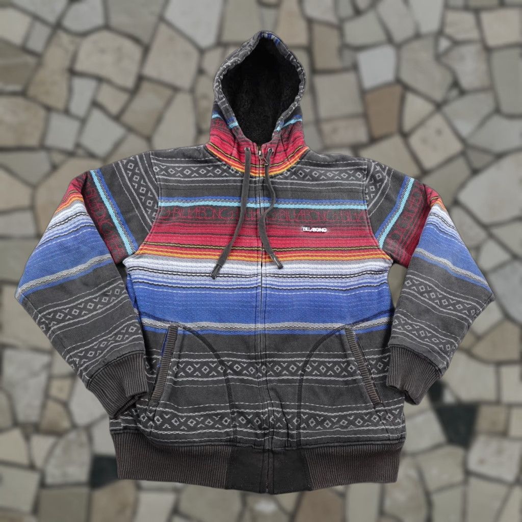 Billabong Jacket Mens M Gray Aztec Stripe Sherpa Fleece Lined Hooded Zip Up