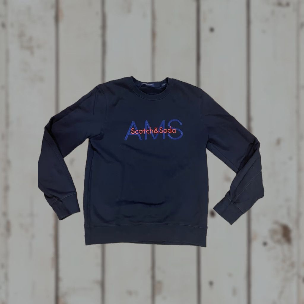 Scotch & Soda Crewneck Sweater Blue Embroidered Spellout Size Mens M Knit Cotton Regular Fit Men’s Pullover Black