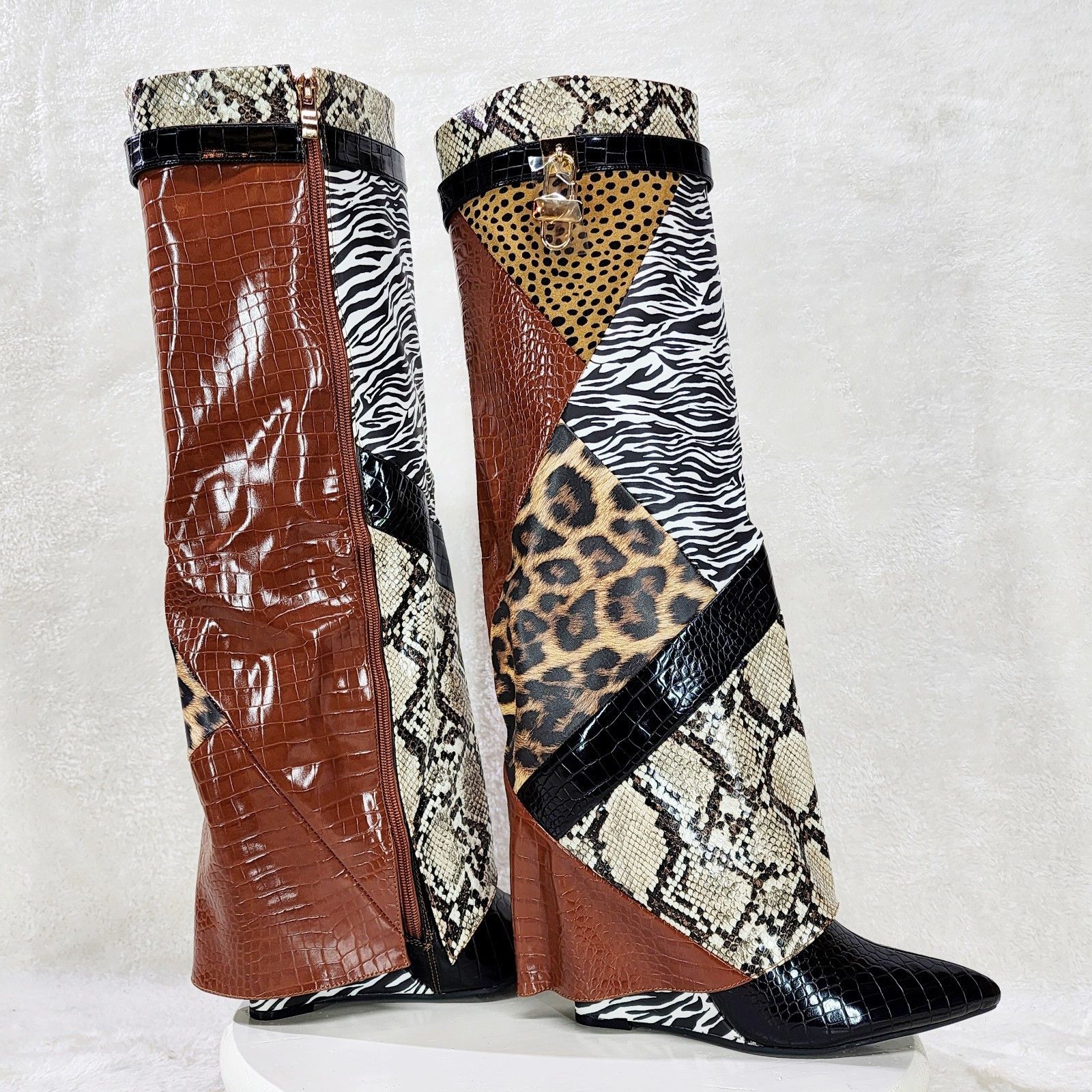 Other Forbidden Multi Animal Print Skirted Fold Over Wedge Heel Kn Size US 6 / IT 36 - 1 Thumbnail