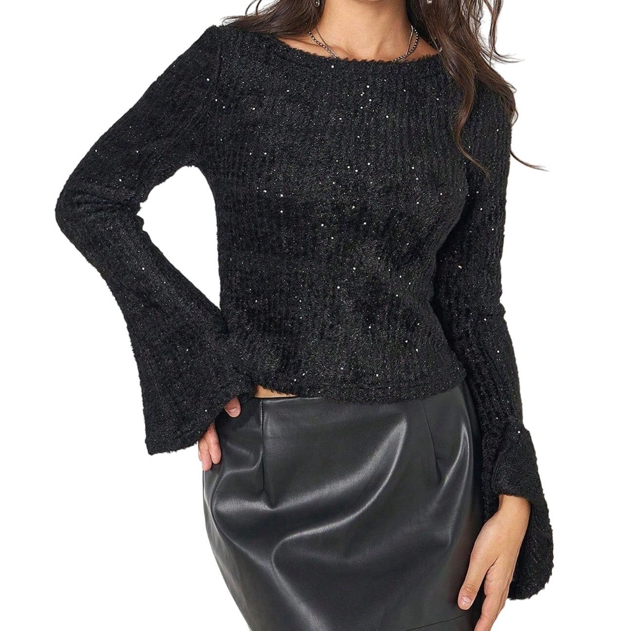 Shein Sequin Embellished Flare Long Sleeve Cropped Sweater, Size S Size S / US 4 / IT 40 - 1 Preview